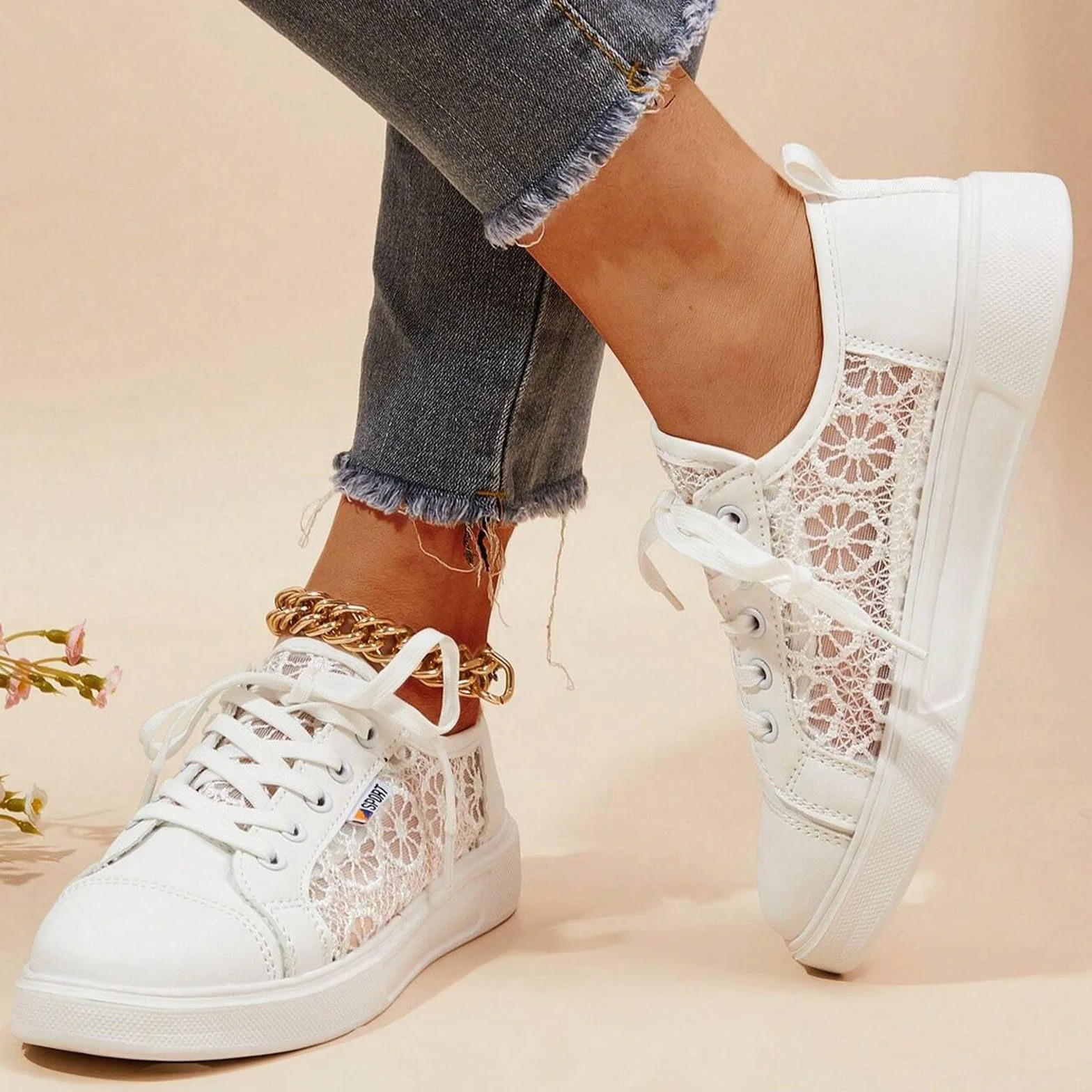 Zapatillas de mujer con flores de encaje zapatos casuales transpirables elegantes con cordones deportivas ligeras planas