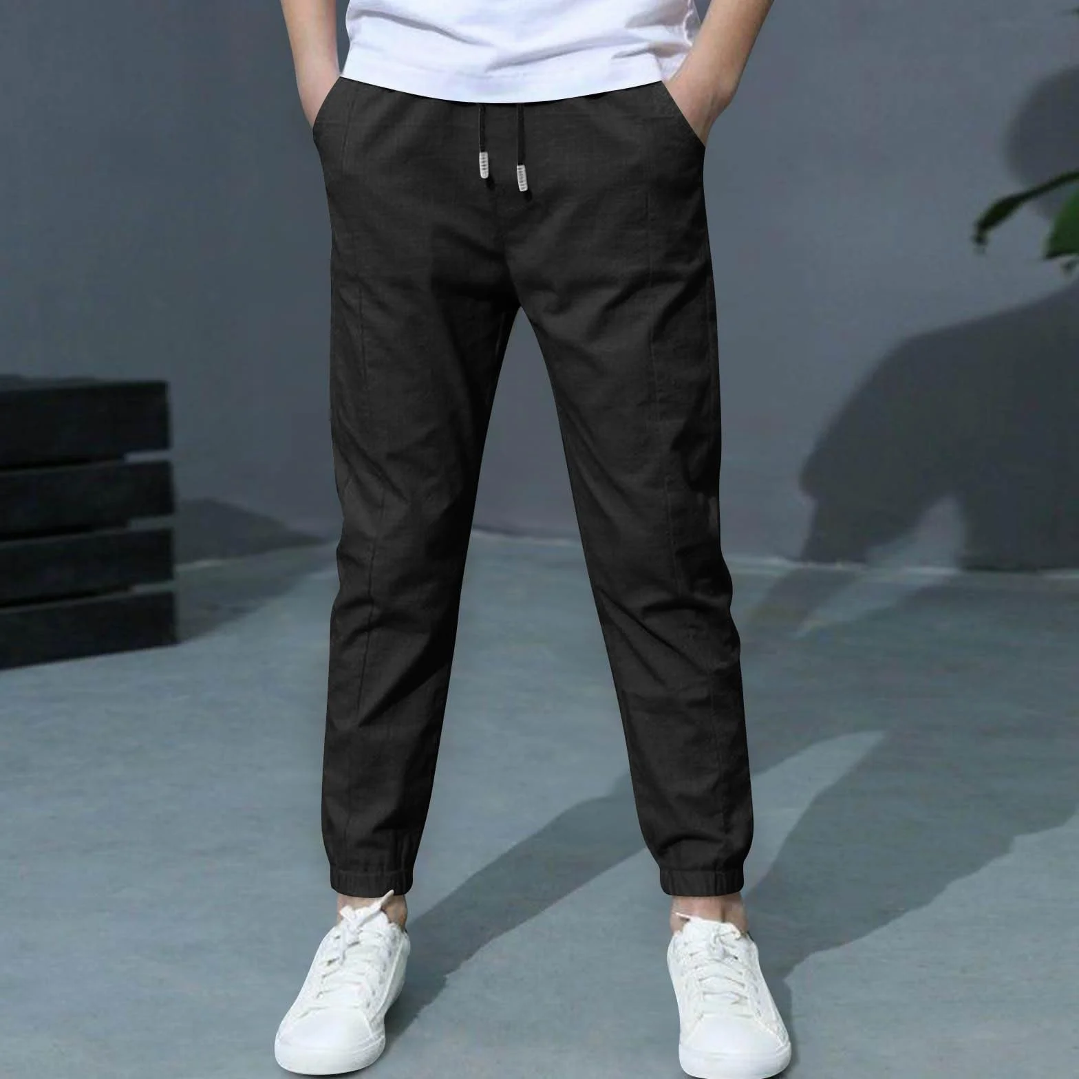 Pantalones de chándal de lino para niños con cordón, cintura elástica, ajuste holgado