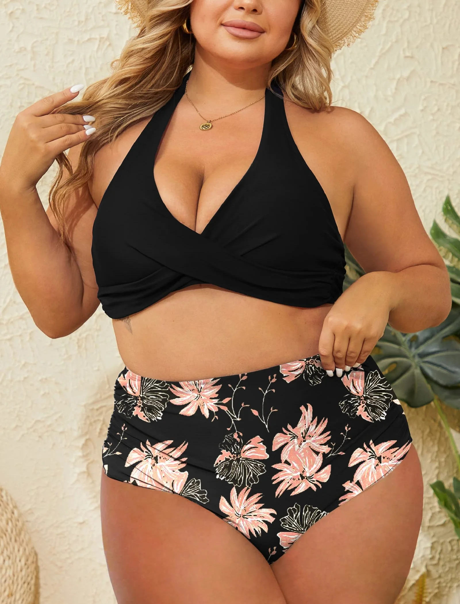 Mujer Bikini Dos Piezas Cintura Alta Fruncido Traje de Baño Cuello en V Control de Vientre Tallas Grandes