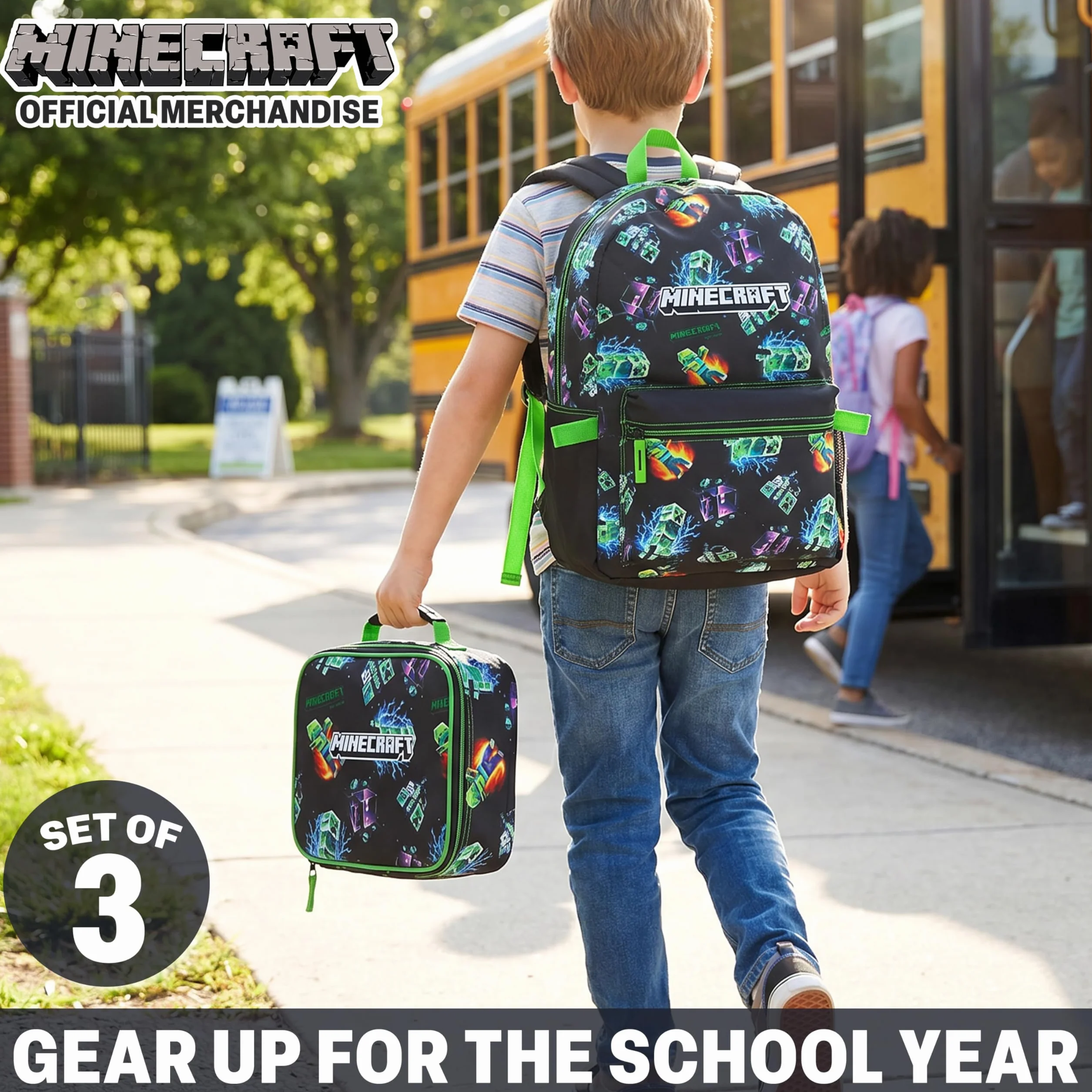 Minecraft Mochila Niños Set 3 Piezas Estuche Escolar Bolsa Almuerzo Mochila Completa Colegio Ocio Regalo Niños Multi Creeper