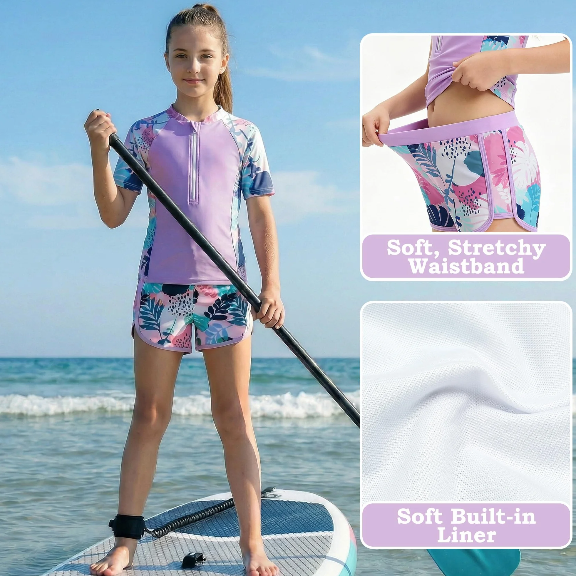 Niñas Traje de Baño 2 Piezas Manga Corta Protección Solar, Secado Rápido Estampado Top con Cremallera y Shorts, Elástico Rash Guard Playa Piscina Bañador Ropa para 5-14 Años