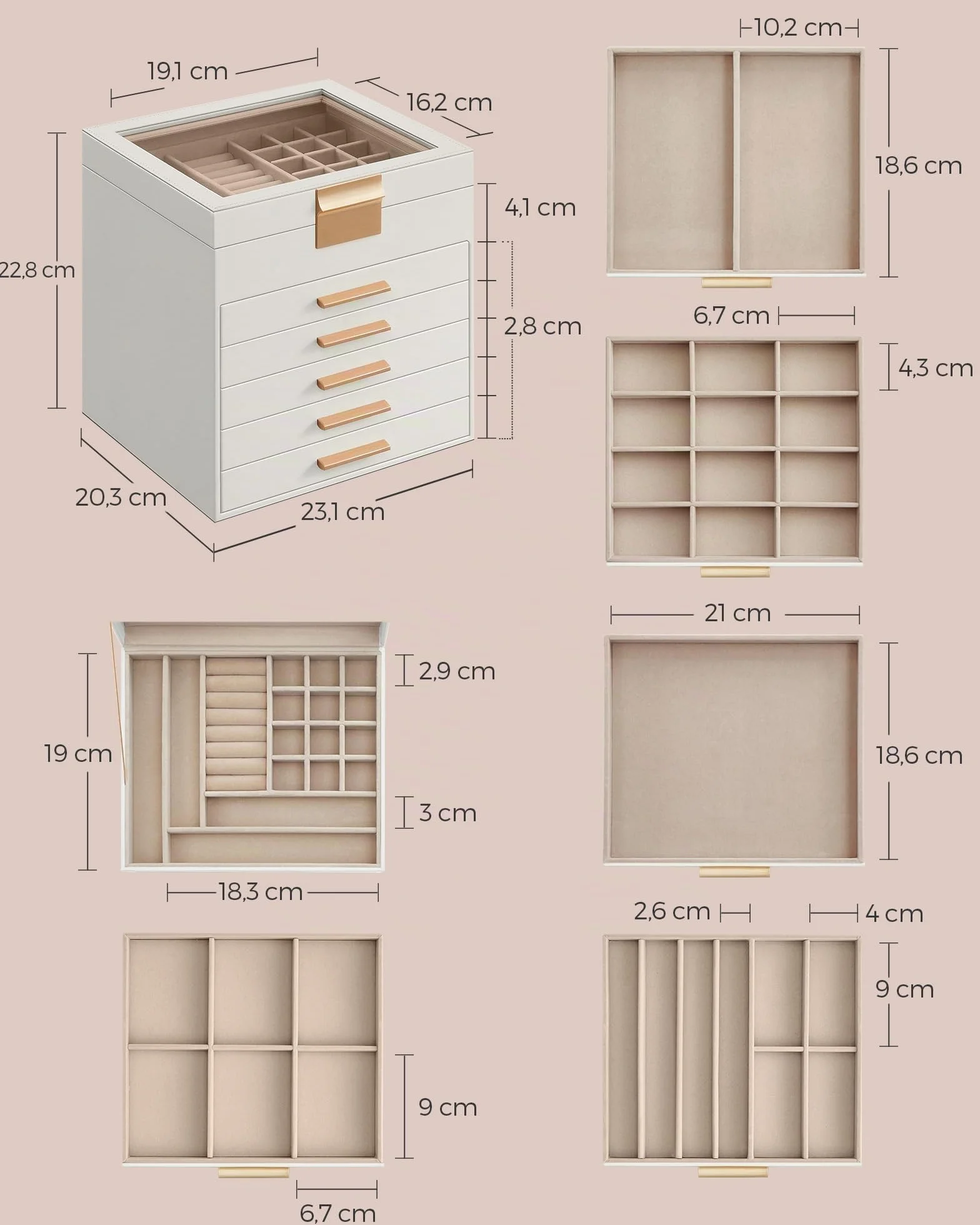 SONGMICS GISELLA Caja de Joyas 6 Niveles 5 Cajones 20,3x23,1x22,8 cm Blanco Nube y Dorado