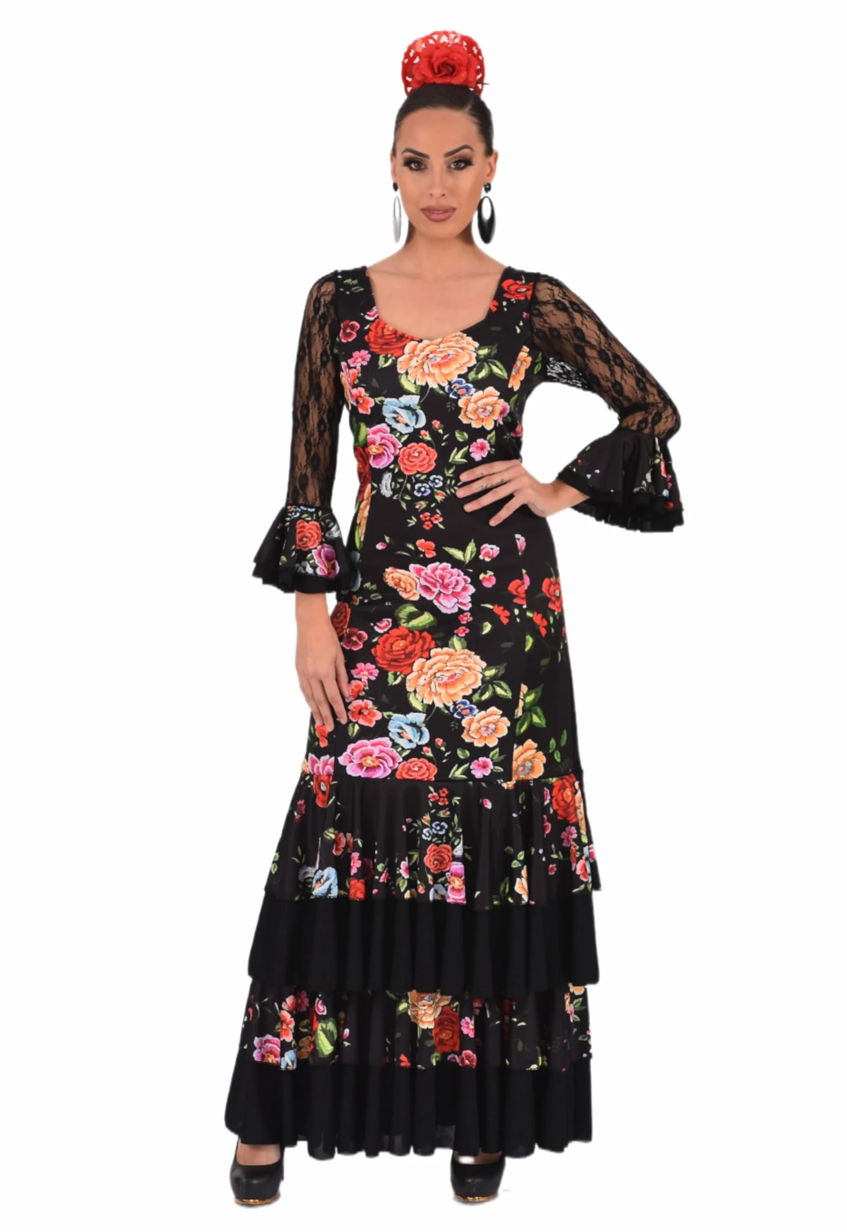 Vestido Flamenco Mujer con Volantes Traje Feria Sevillanas Mangas Encaje Estampado Floral