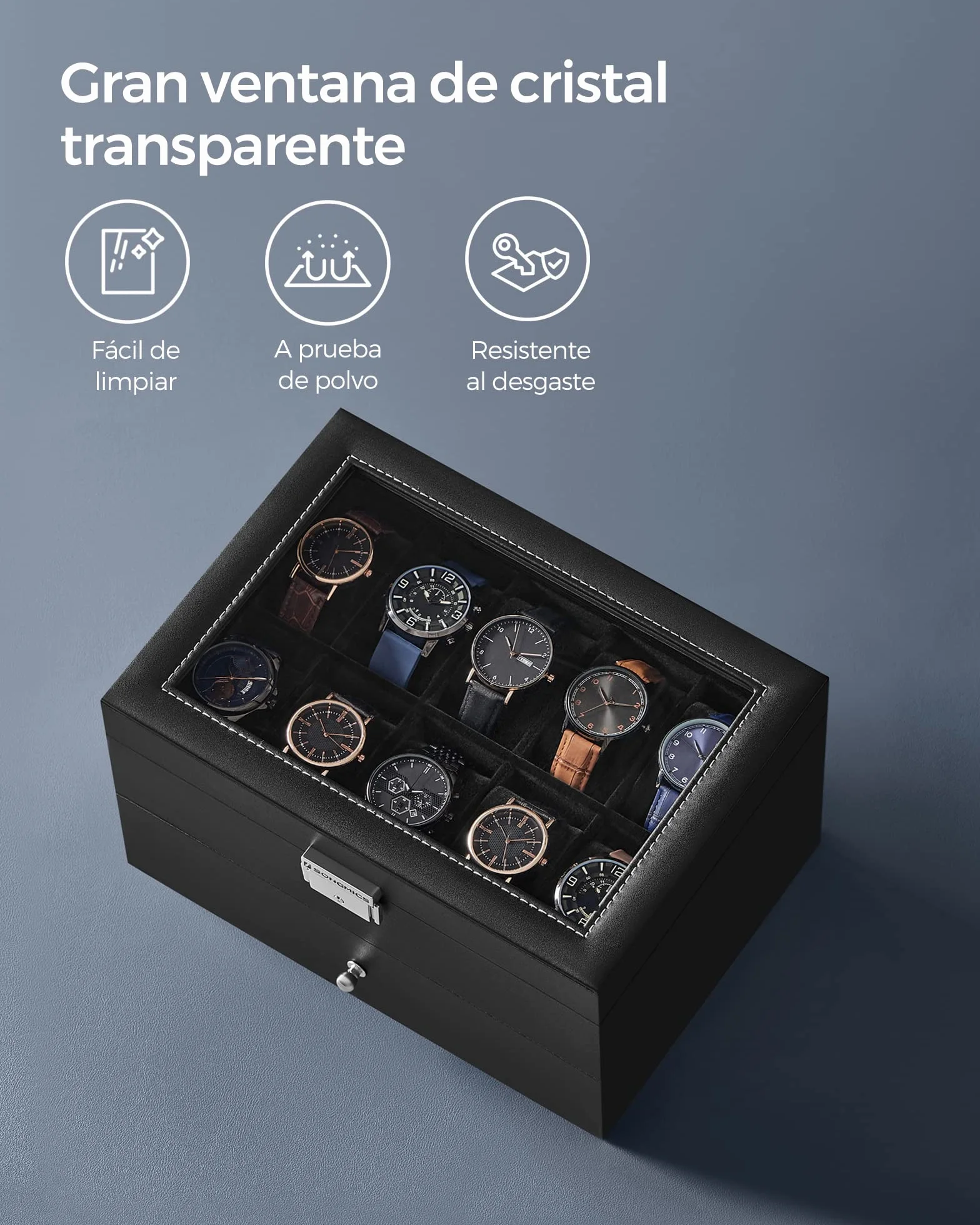 SONGMICS Caja de Relojes 2 Niveles con Tapa de Cristal, Cerradura, Cuero Sintético Negro