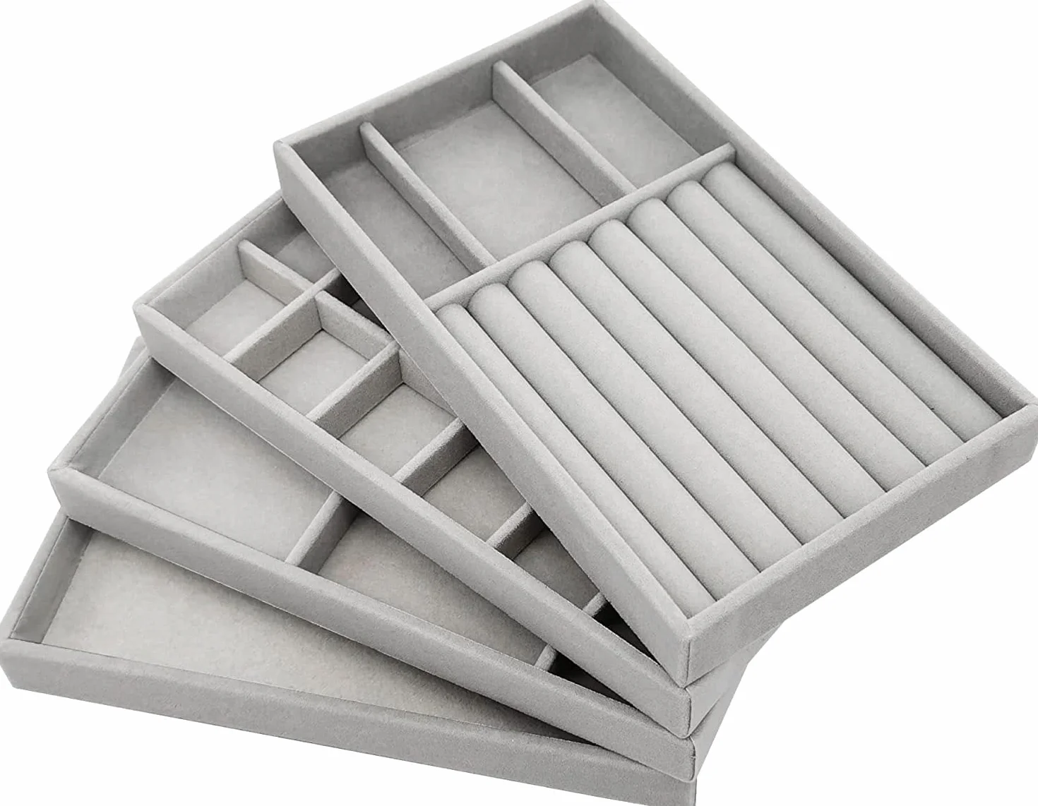 PIQIUQIU Juego de 4 bandejas apilables para joyas, organizador de joyas, almacenamiento de joyas, cajón para guardar y exhibir pendientes, collares, anillos (gris)