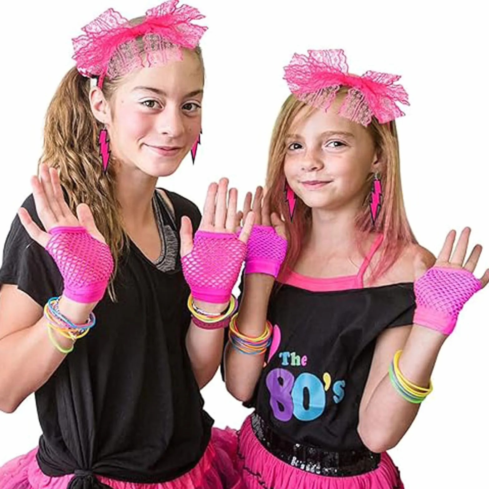 Accesorios Disfraz Años 80 Mujer, Guantes Rejilla Riñonera Gafas Corazón Retro Fiestas Neón Carnaval Halloween Rosa
