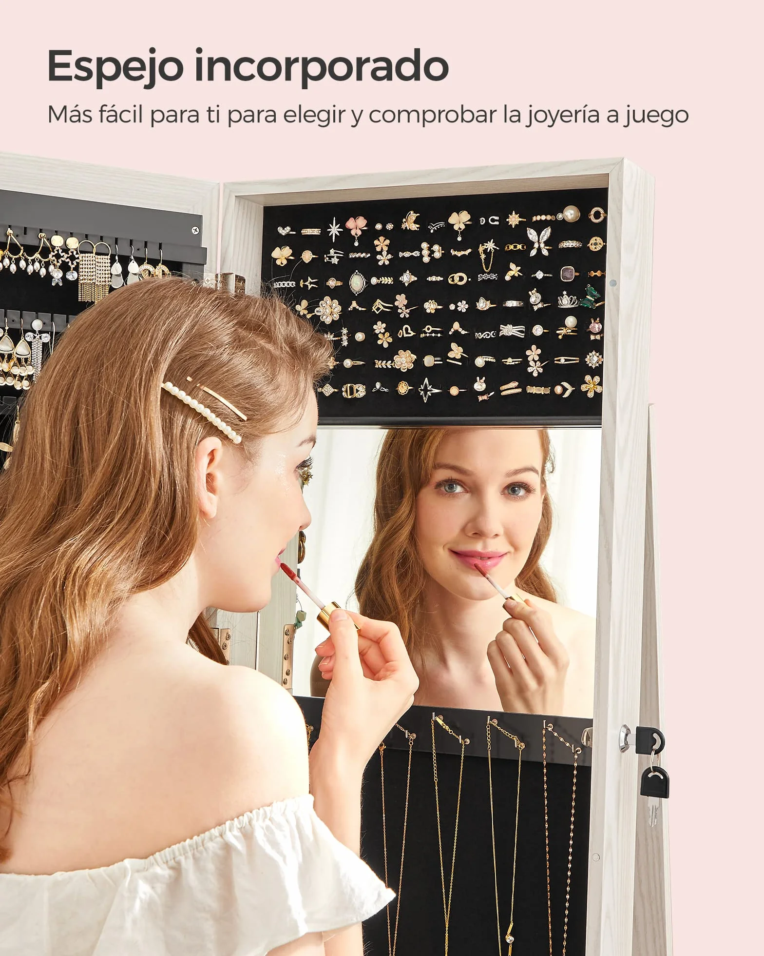 SONGMICS Armario Joyero con Espejo Entero Giro 360° JBC62W Blanco