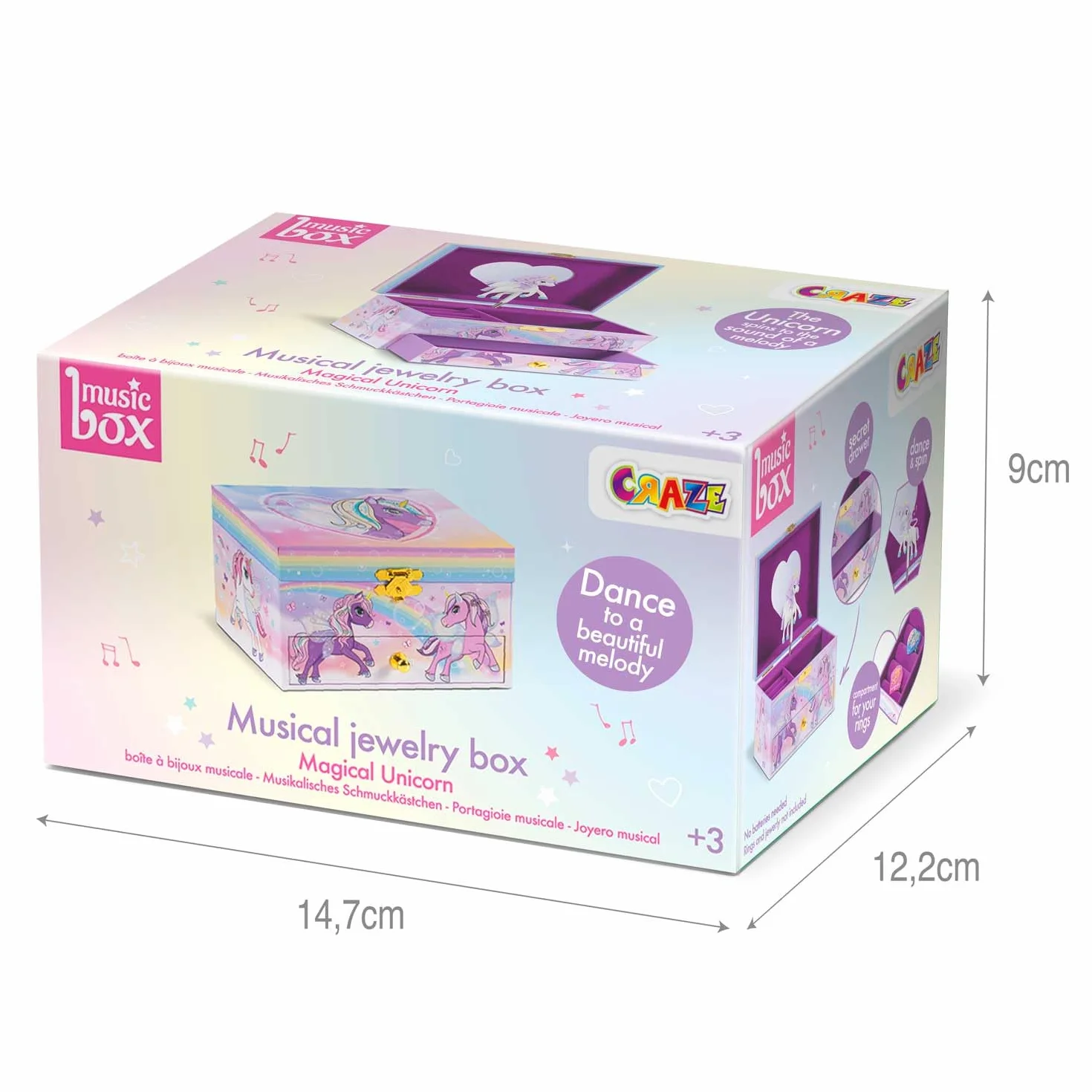 CRAZE Joyero Musical Niña Unicornio Caja de Música Cajón Extraíble Aterciopelado Espejo Unicornio Giratorio