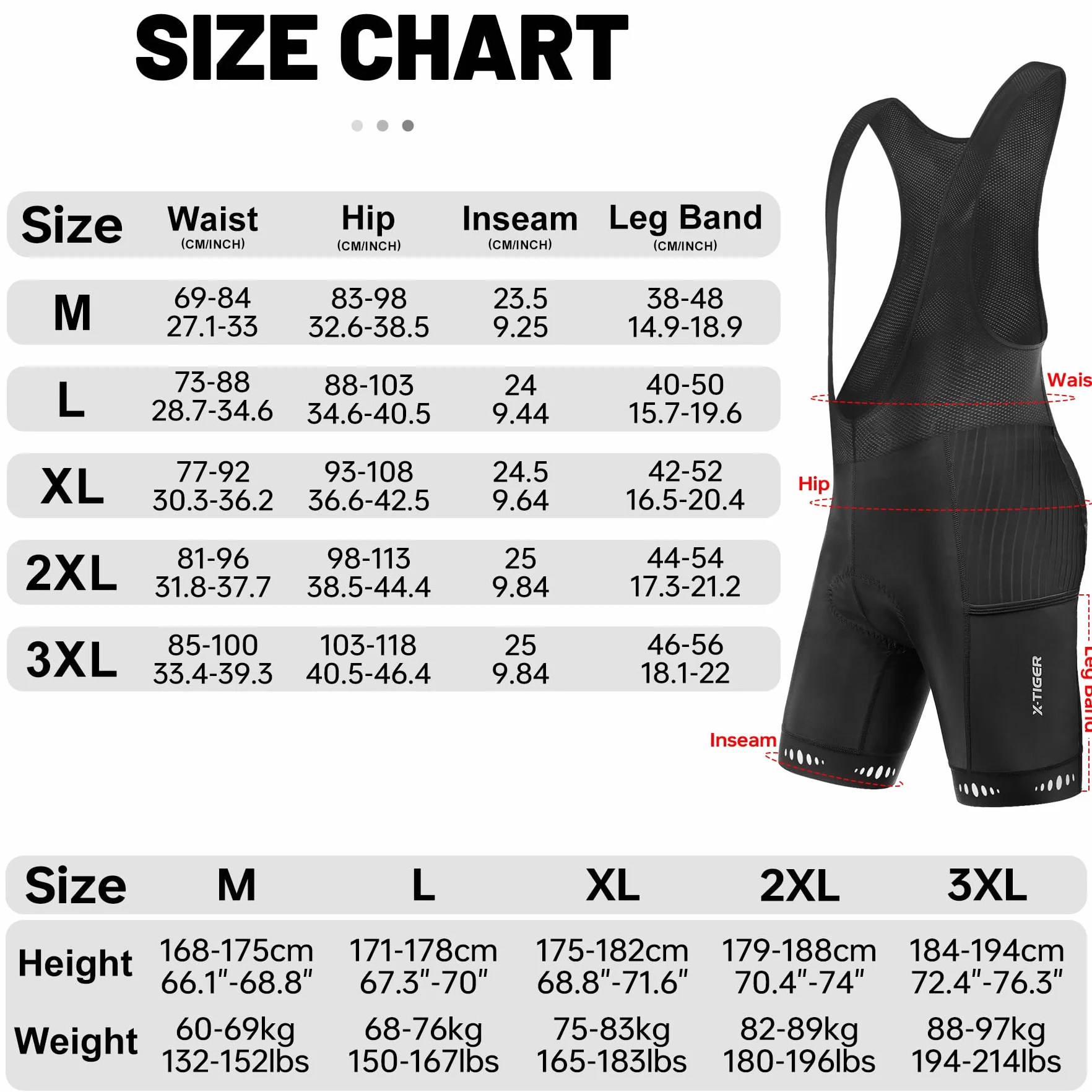 X-TIGER Culotte Ciclismo Bibs Shorts Hombre Almohadilla Gel 5D 3 Bolsillos Transpirable Secado rápido Ciclismo Montaña