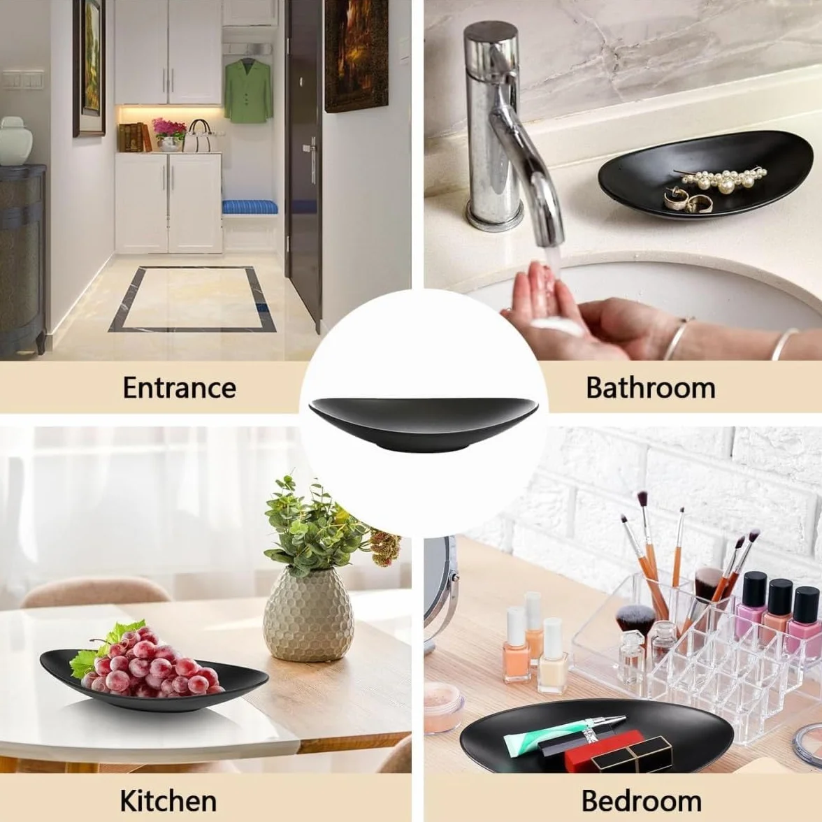 Bandeja Ovalada para Llaves y Joyas, Cuenco Decorativo para Monedas y Accesorios, Organizador de Mesa de Entrada, Bandeja Decorativa para Pasillo para Decoración del Hogar,negro