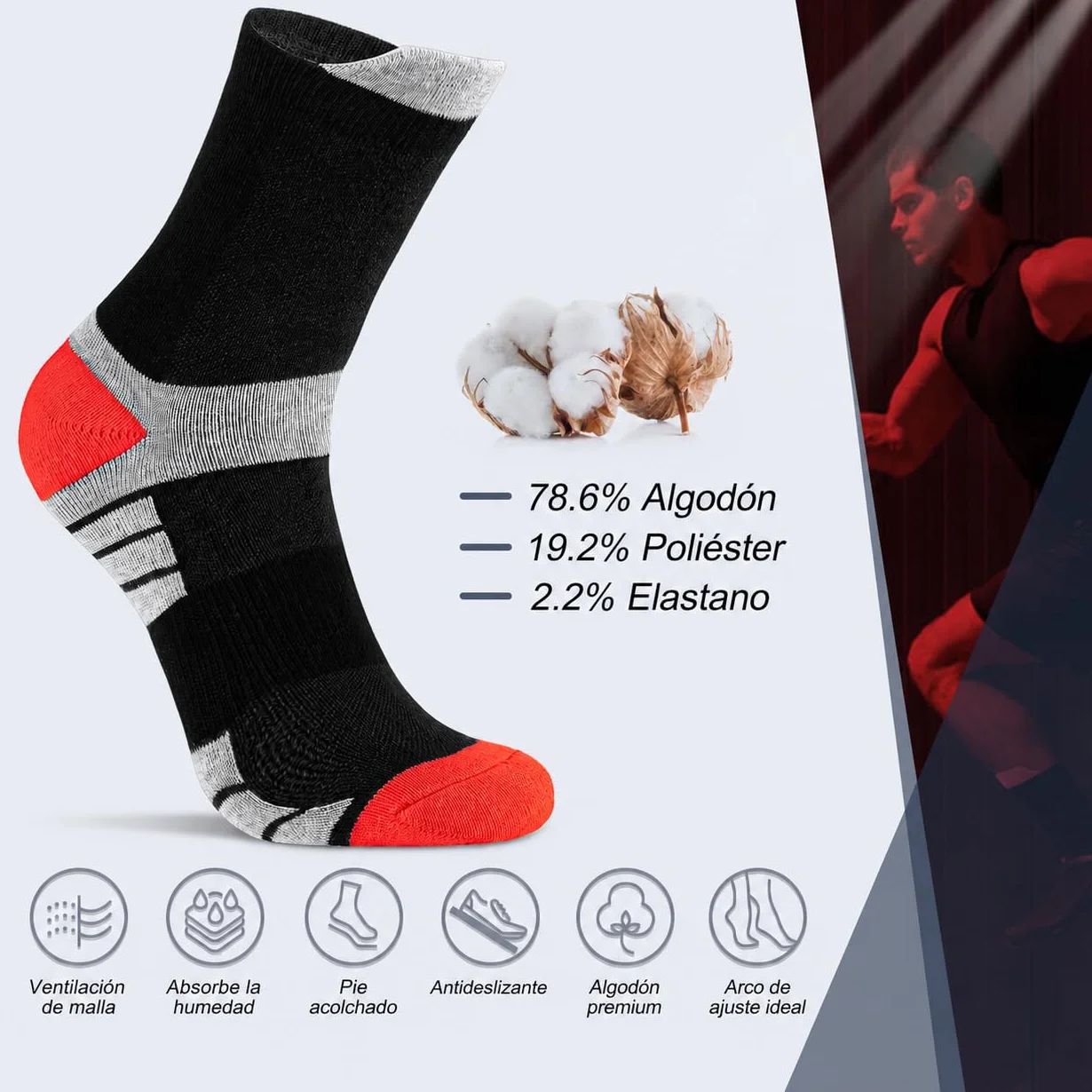 Niofind Calcetines Hombre, 6 Pares Calcetines Deporte Algodon, Anti-Ampollas, Anti-Olor, Absorbentes De Sudor, Transpirables, Calcetines Running Con Acolchado Para Correr, Trabajo, Ciclismo