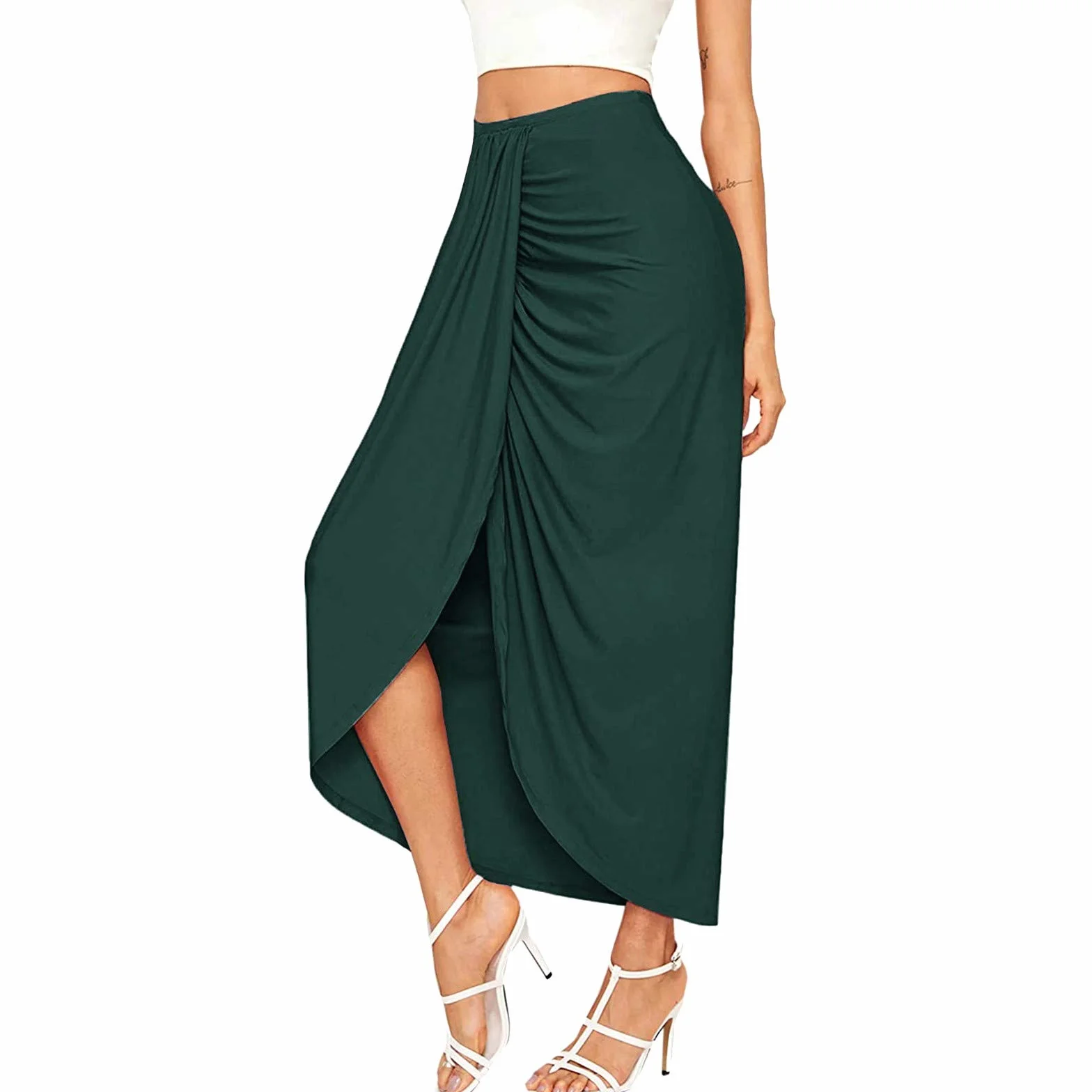 Falda larga de verano para mujer, cruzada hasta la rodilla, midi sexy de cintura alta, monocolor con hendidura, elegante informal