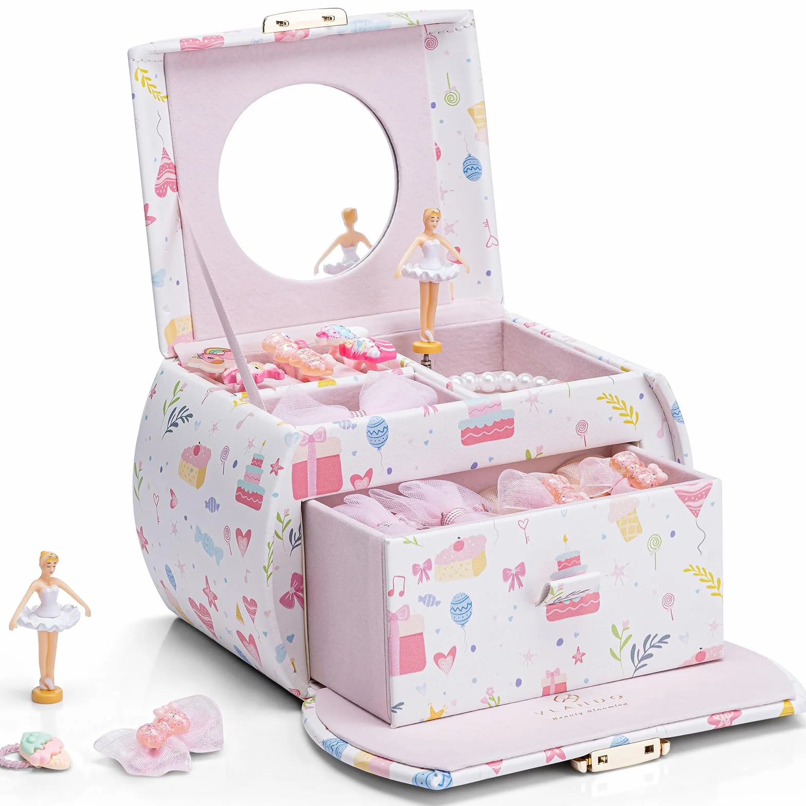 VLANDO Caja de música joyero para niñas con cajones, regalo cumpleaños 6-8 años, bailarina cuero melodía canon