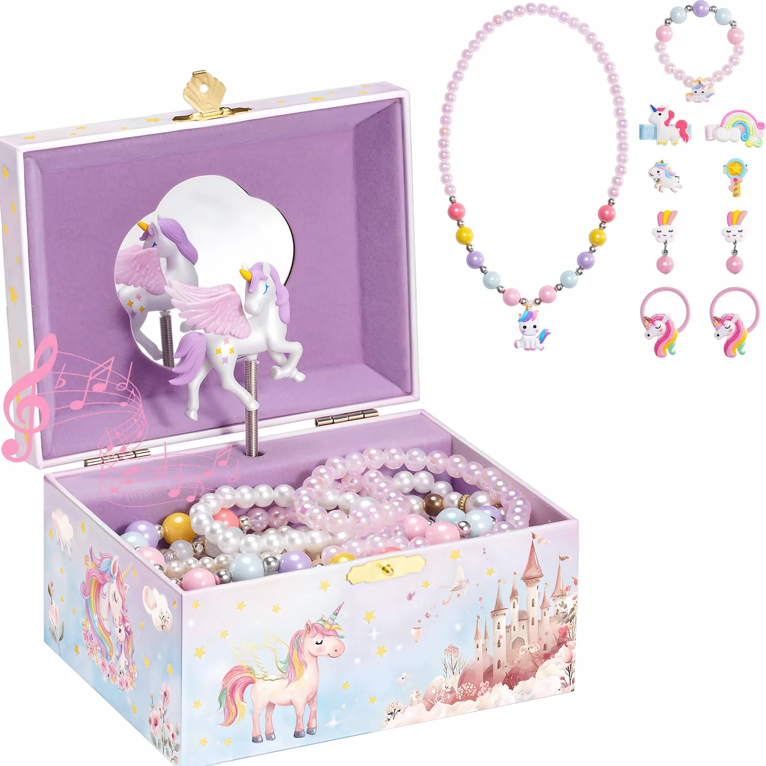 ProCase Joyero Musical Infantil con Muñeca Unicornio Giratoria para Niñas, Organizador Caja de Collar Pendiente Pulsera Anillo - Rosa