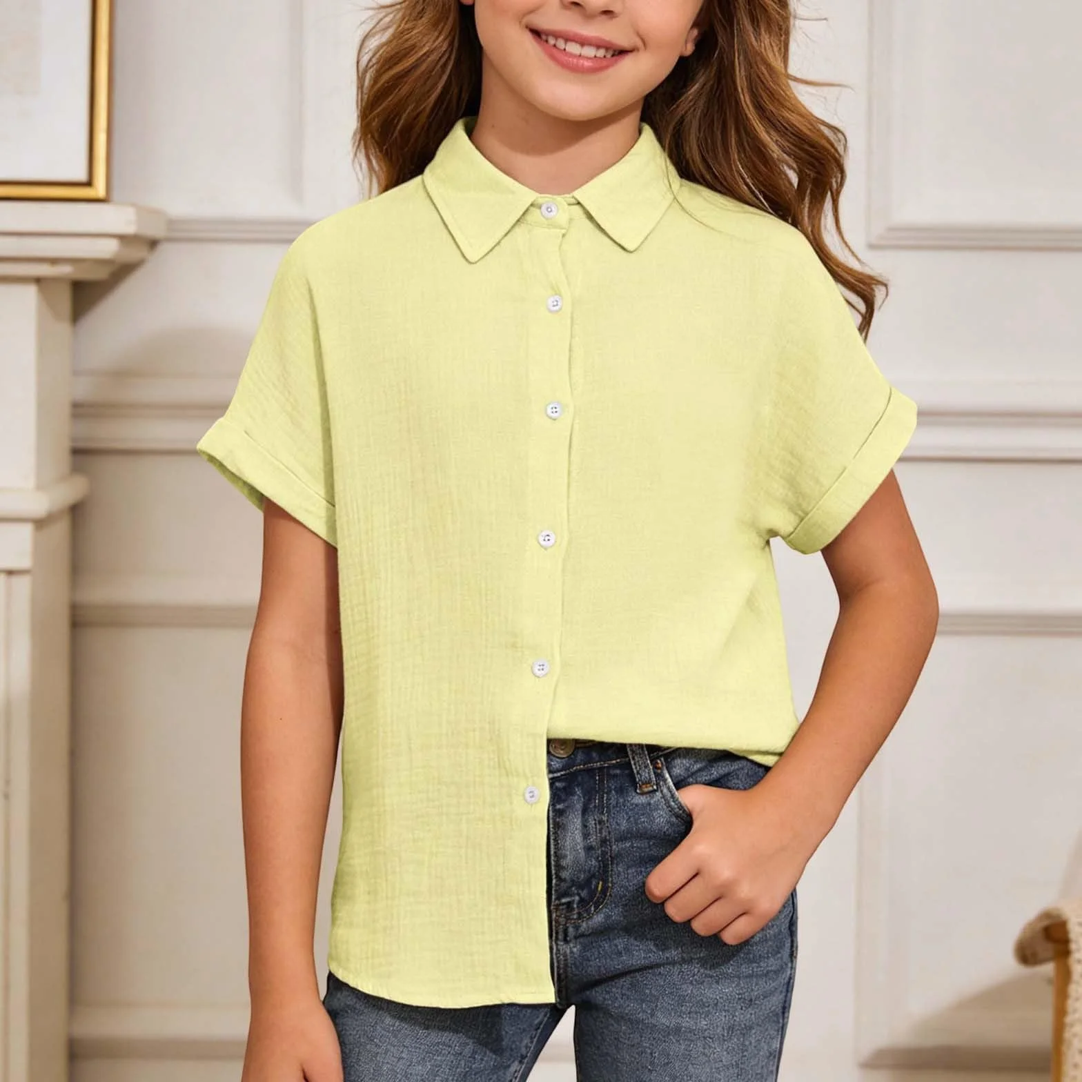Camisa con botones para niña monocolor manga corta transpirable