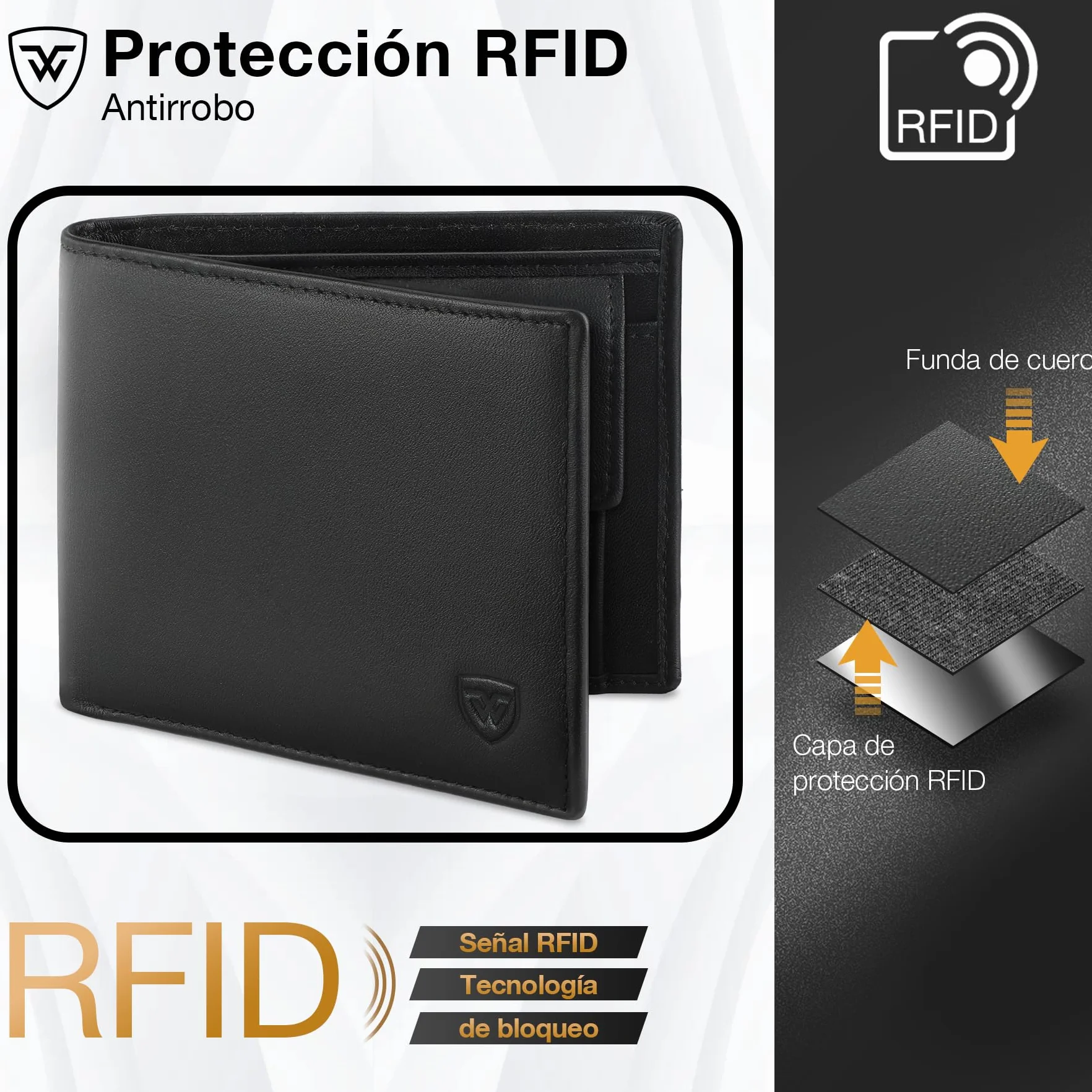 WONSEFOO Cartera Hombre Bifold Delgada con RFID 10 Ranuras Tarjetas Negro