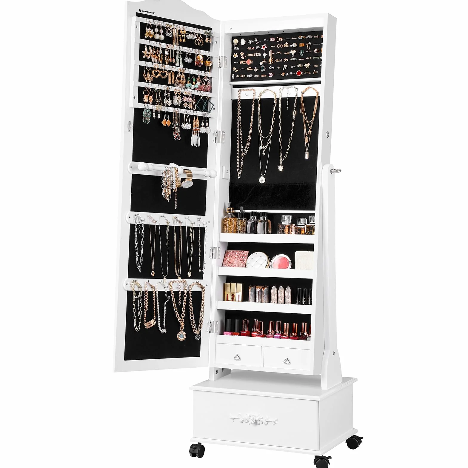SONGMICS Armario Joyería Ruedas Organizador Joyas Cerradura Luces LED 3 Cajones Espejo Blanco JBC61W