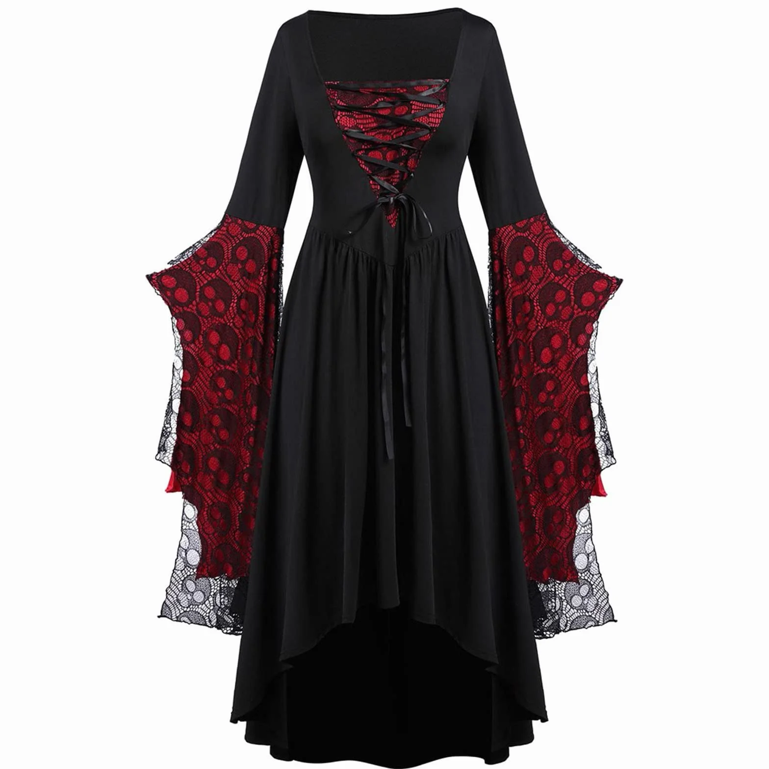 Disfraz Bruja Mujer Vintage Cuello Cuadrado Vestido Gotico Halloween Estampado Calavera Manga Dolman Cosplay S-5XL