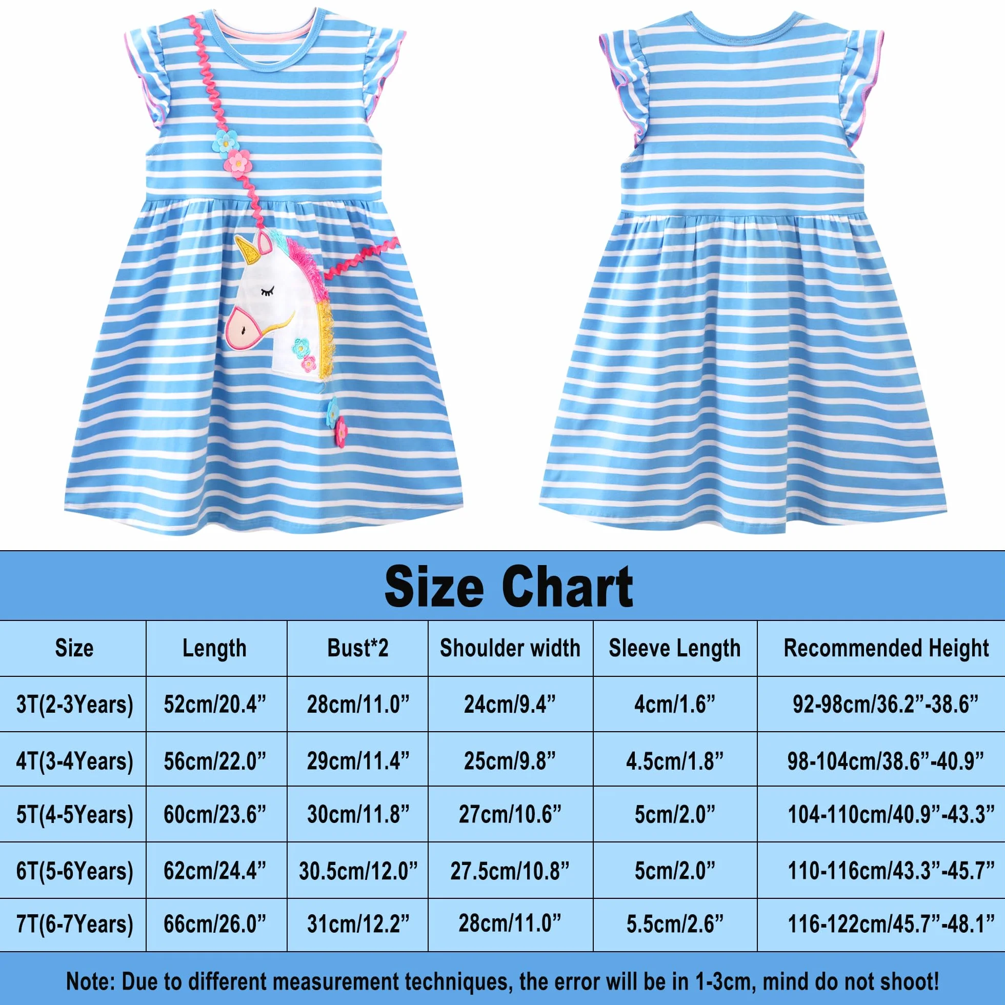 JinBei Vestido para Niñas Algodon Manga Corta Cuello Redondo T-Shirt Rayas Unicornio 2-8 Años