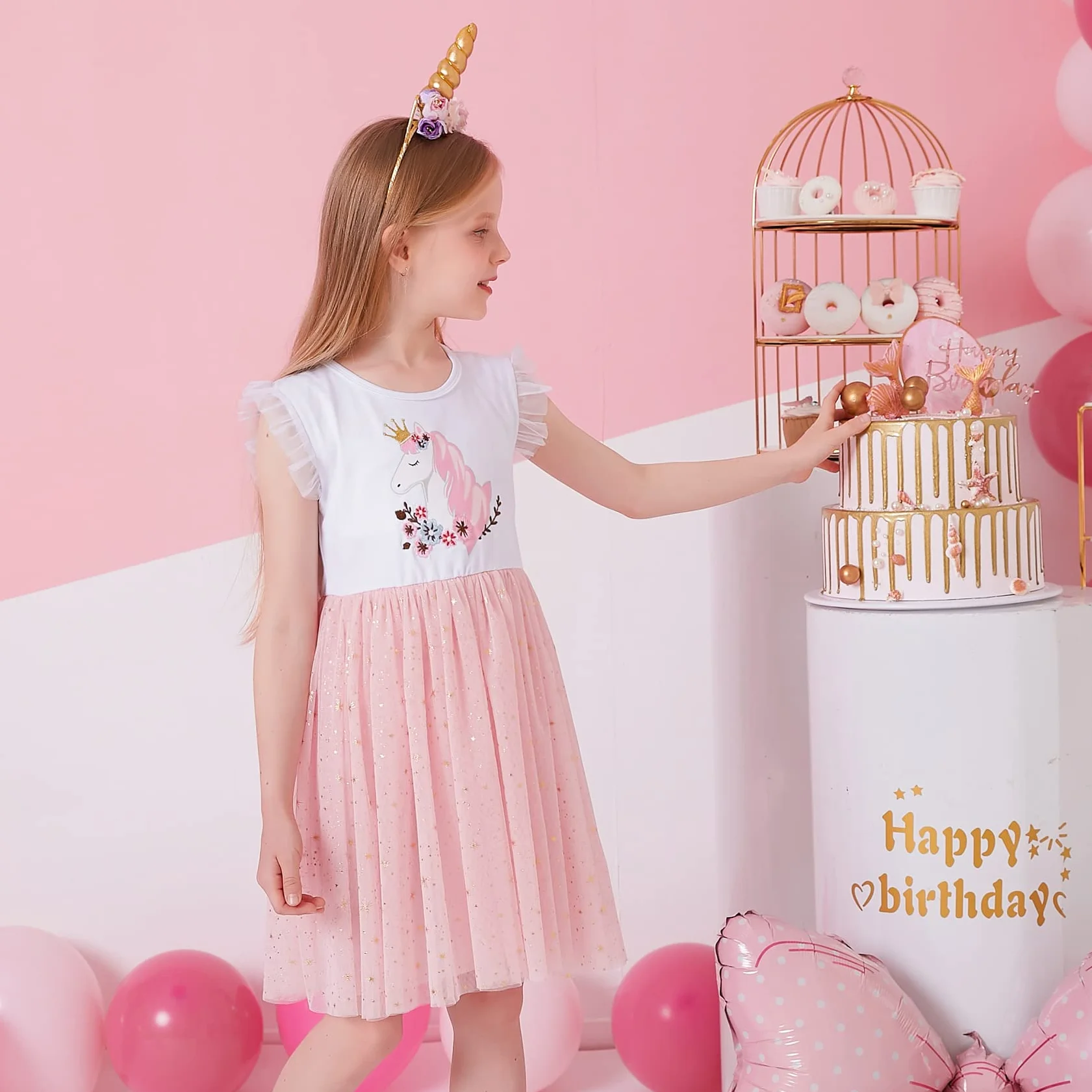Vestido Tutu Algodón Tulle Manga Larga Mariposa Unicornio Niñas 2-8 Años
