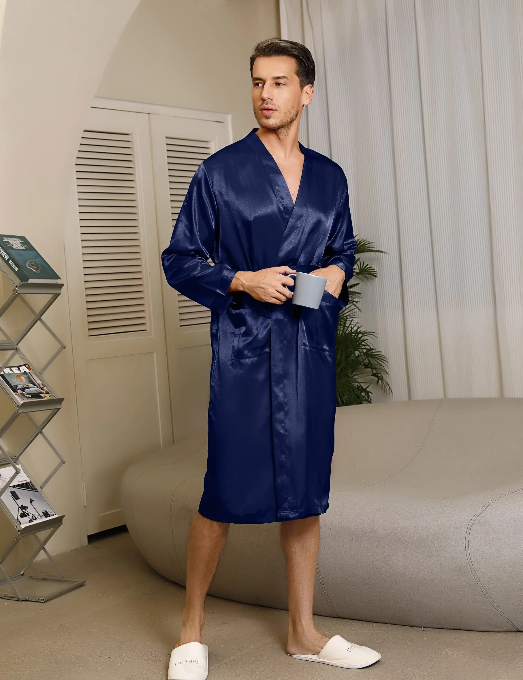 Bata de Hombre Verano Kimono Satén Baño Larga Casa Pijama Seda
