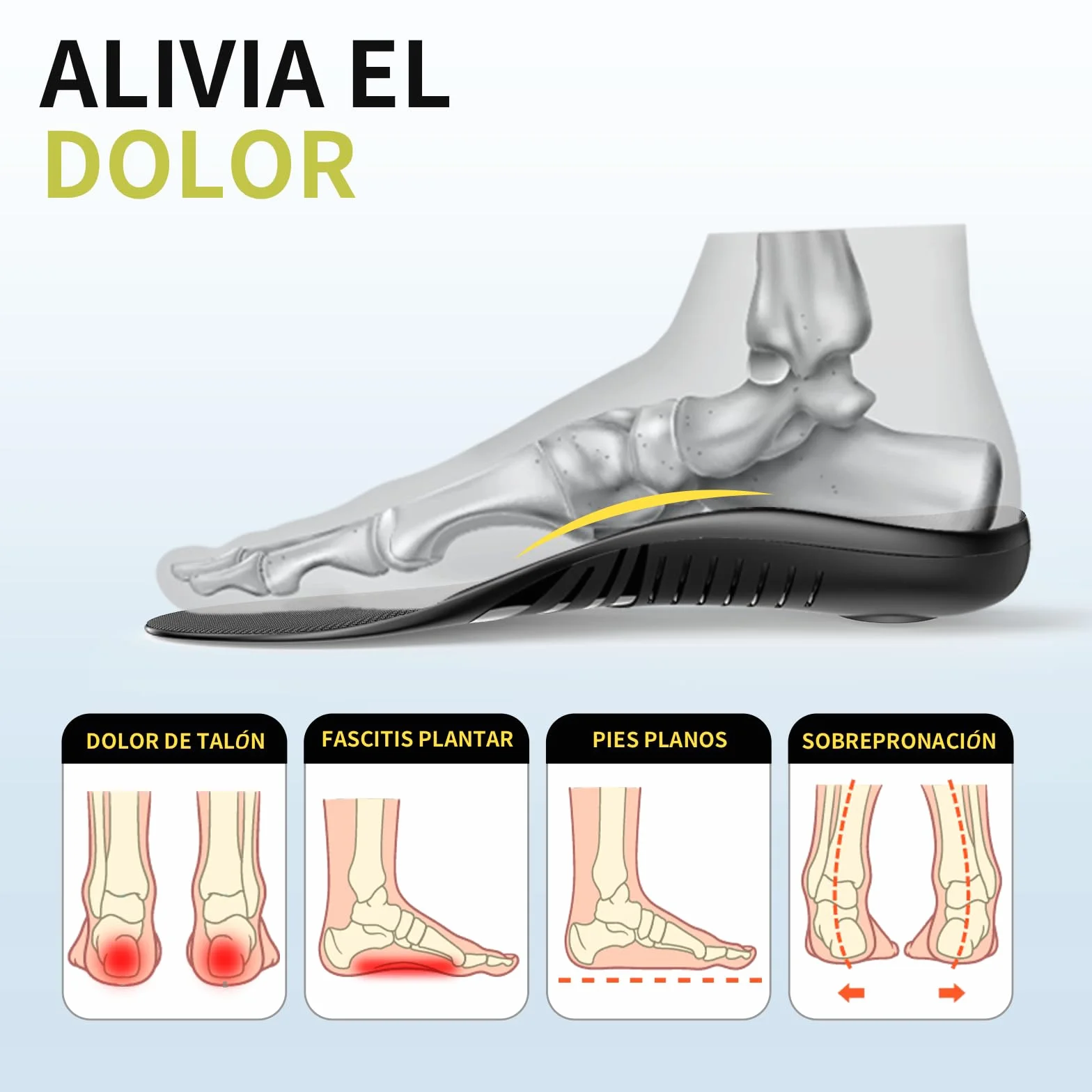 Plantillas para Fascitis Plantar con Soporte de Arco Rígido Alto, Insertos Ortopédicos para Pies Planos M:44-46
