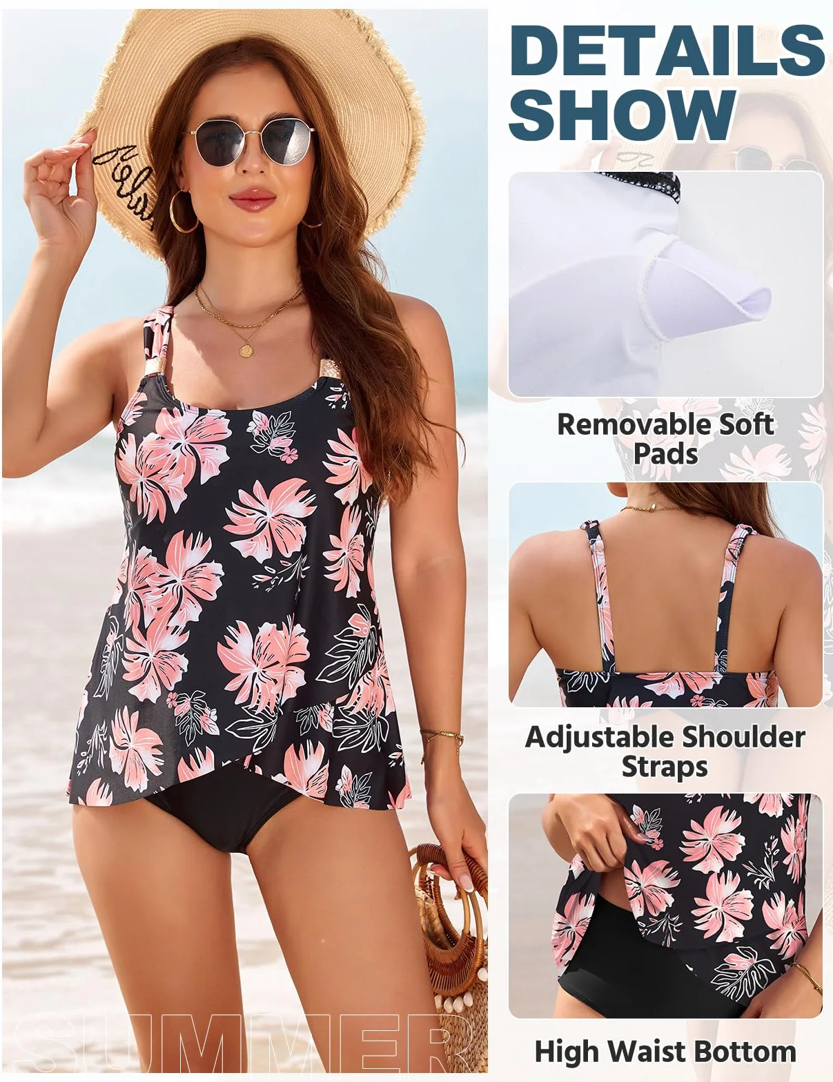 Nadeer Tankini Mujer Reductor Barriga 2 Piezas Push Up Volantes Conjunto Bikini Relleno Cintura Alta Piscina Playa Verano