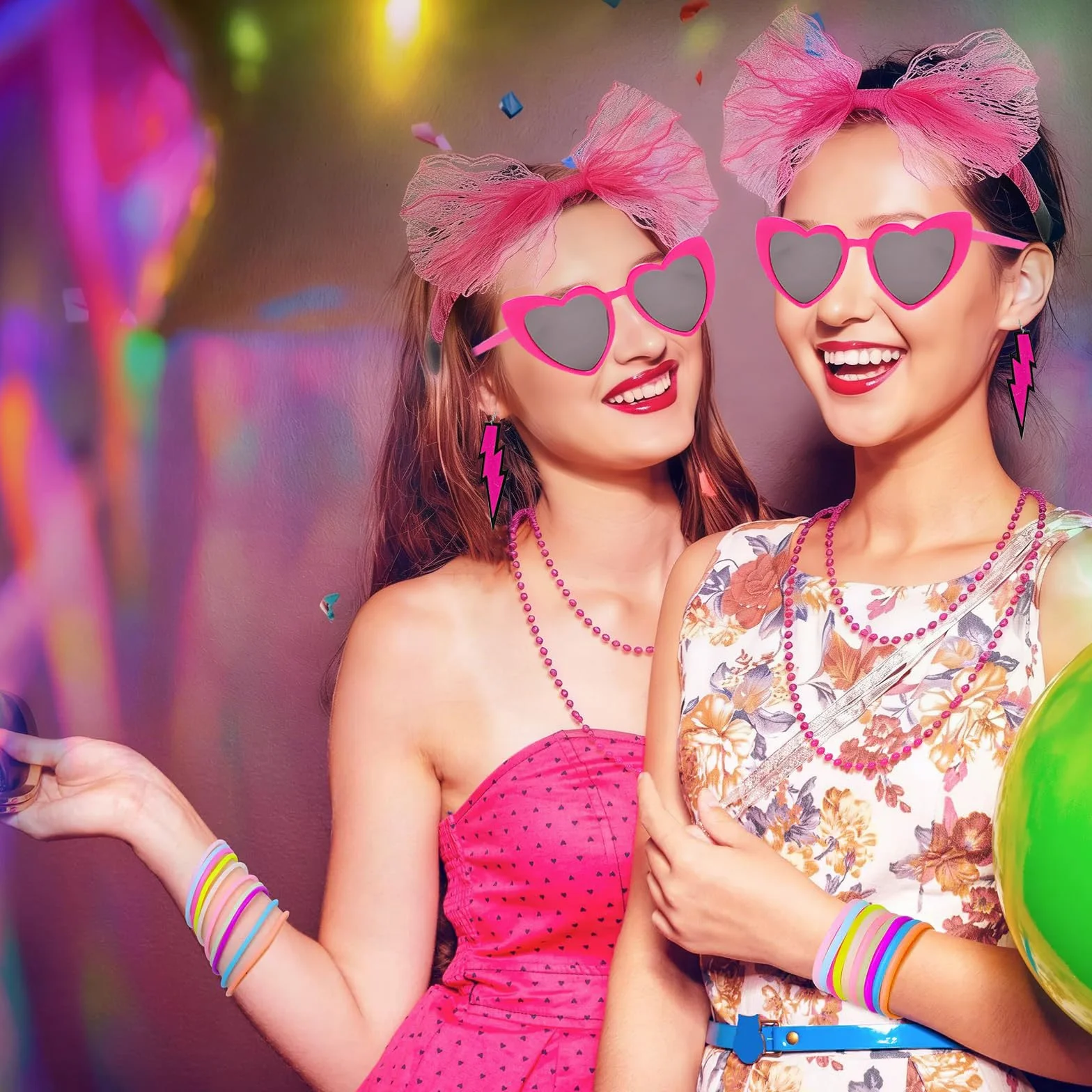 Accesorios Disfraz Años 80 Mujer, Guantes Rejilla Riñonera Gafas Corazón Retro Fiestas Neón Carnaval Halloween Rosa
