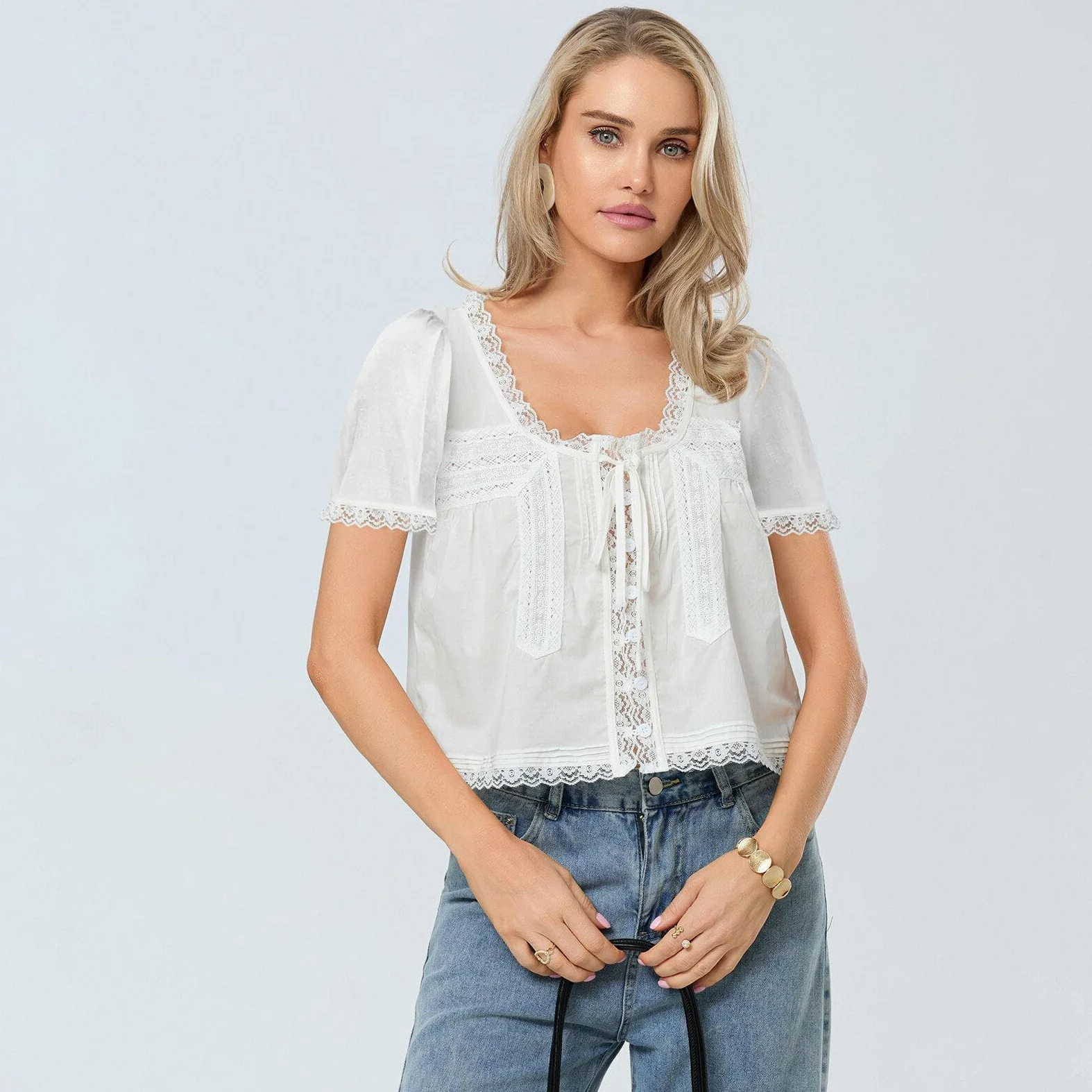 Camisetas para Mujer Diseño Hueco Tridimensional, Algodón Orgánico De Alta Densidad, Borde Encaje, Blusa Ligera con Corbata -Red-s