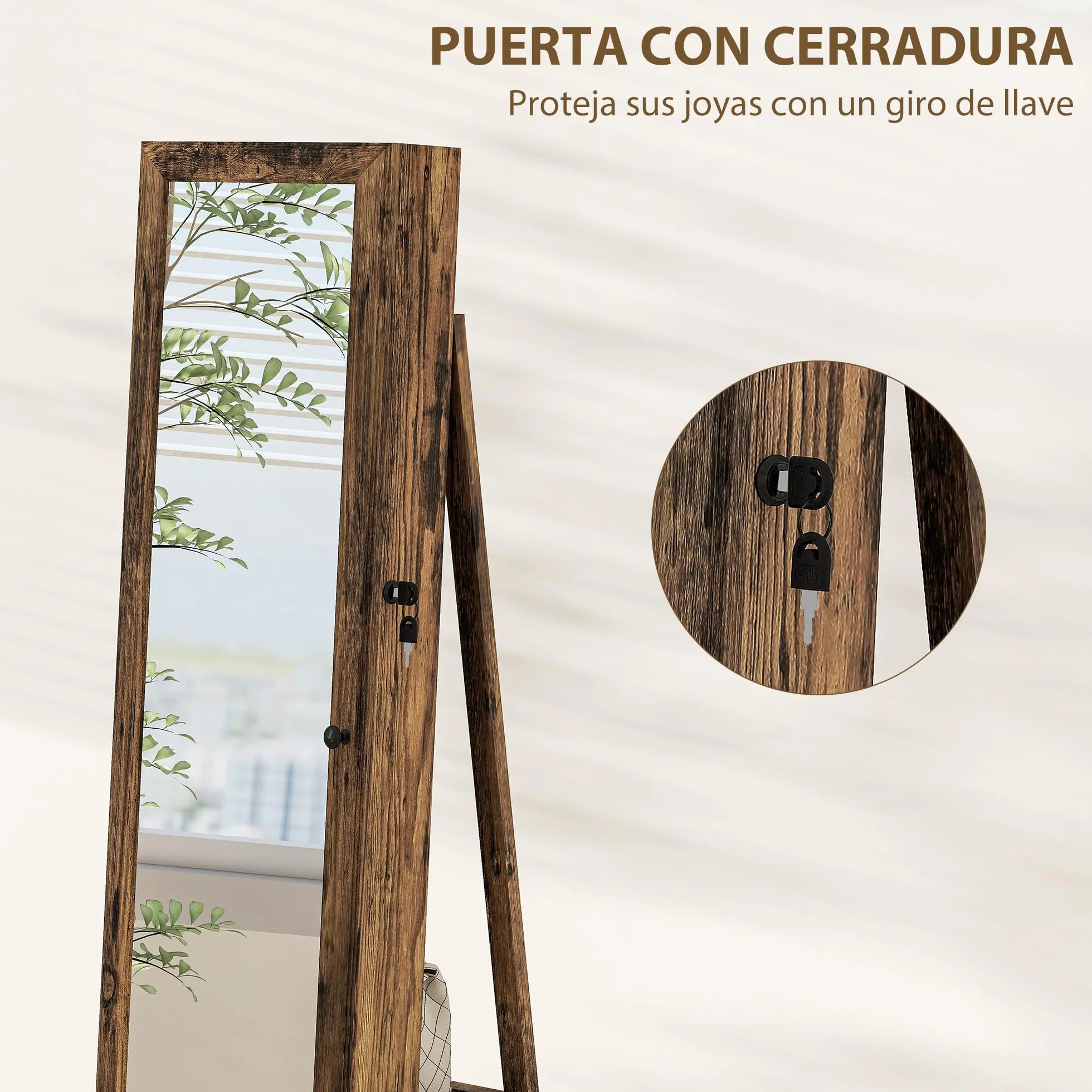HOMCOM Espejo Joyero de Pie Giratorio 360° con Cerradura, Marrón Rústico