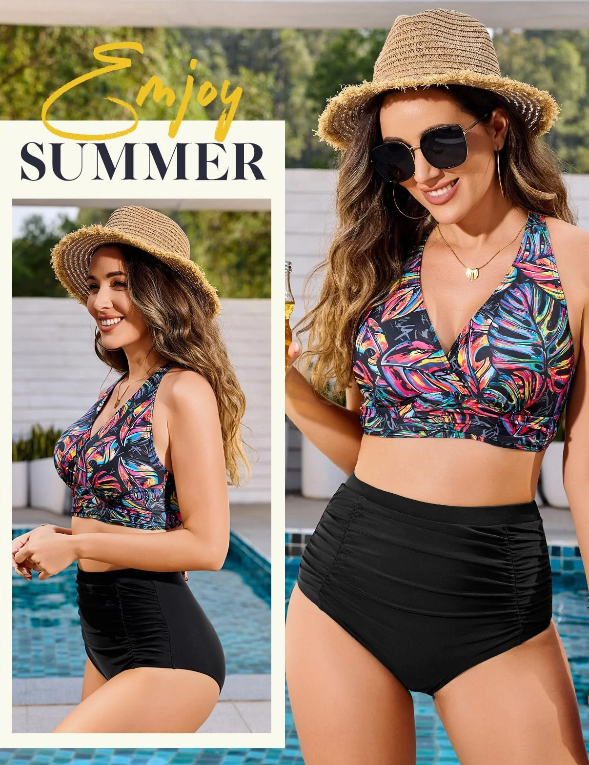 Voqeen Mujer Bikinis Reductor Barriga Cintura Alta Traje de Baño 2 Piezas Push Up con Relleno Conjuntos de Bikinis de Playa Bañadores de Natacion Cuello en V Bikini Top y Braga Ajustable