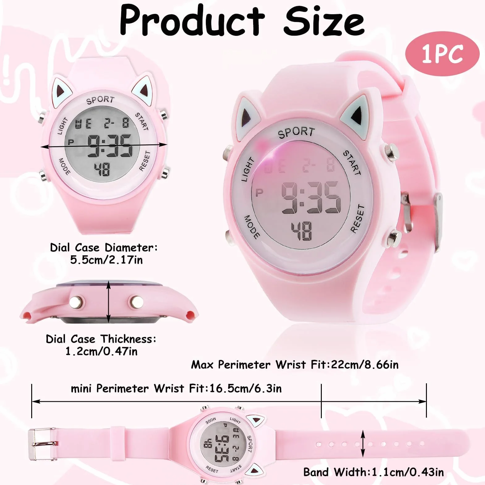 Reloj Digital para Niña con Disegno 3D Orecchie di Gatto Impermeabile 30M Alarma Cronómetro Luz