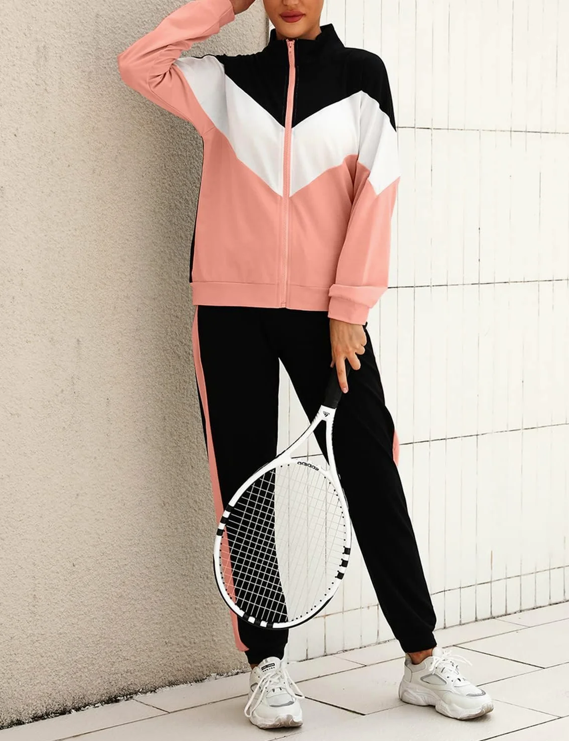Marvmys Conjunto Chándal Mujer Contraste Conjuntos Deportivo | Otoño Invierno Top Manga Larga con Cremallera y Pantalones Deportivos S-XXL