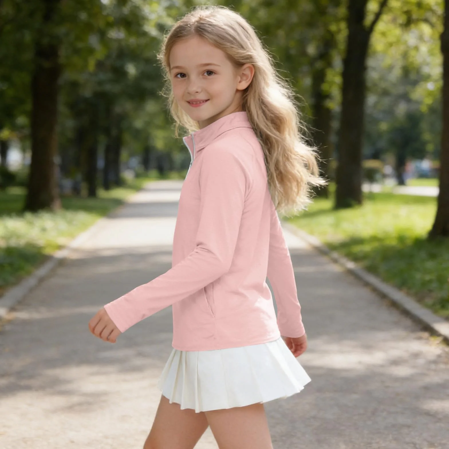 Camiseta de Protección Solar Niña Manga Larga 1/4 Cremallera Secado Rápido Transpirable Thumbhole 4-15 años