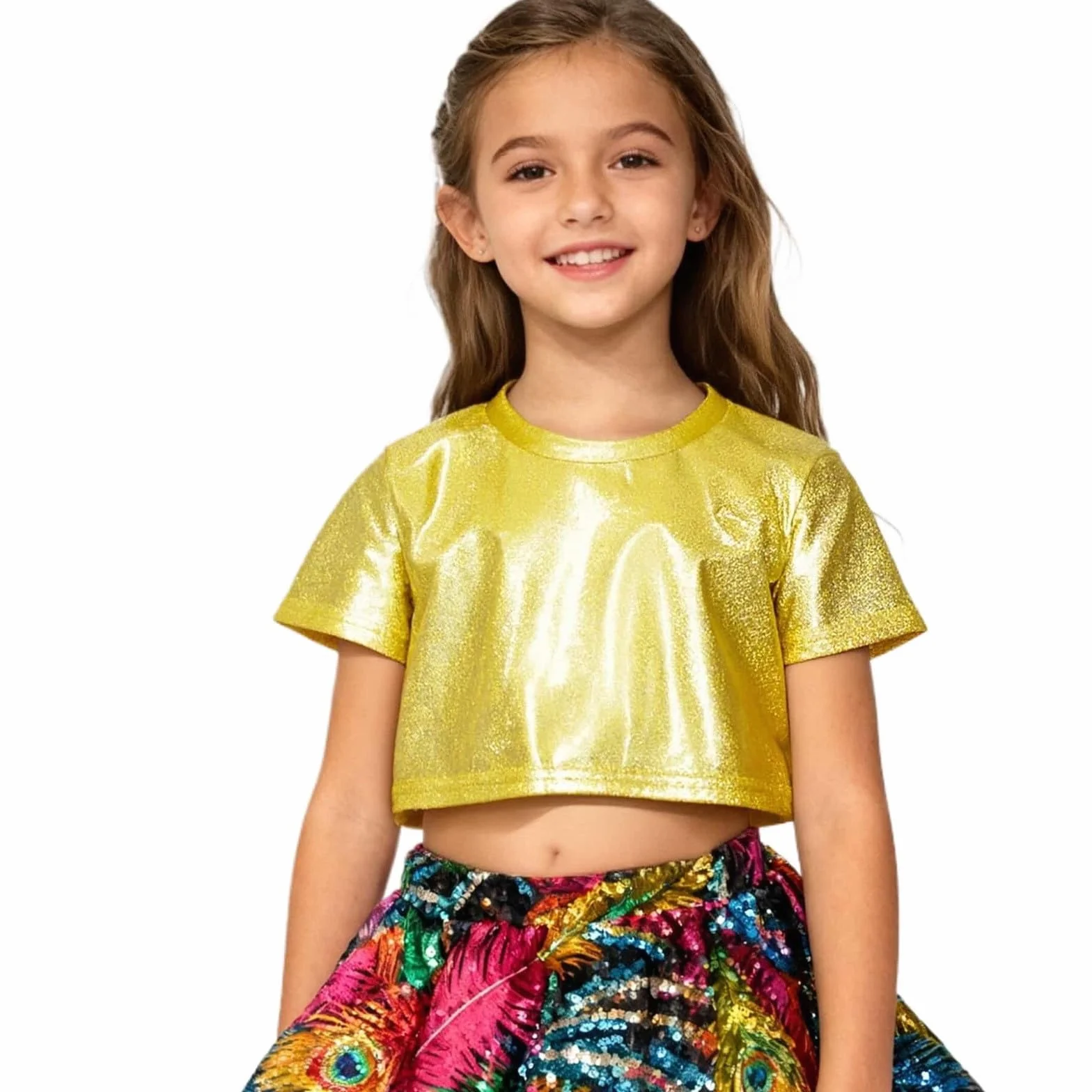 Camiseta Brillante Lentejuelas Crop Top para Niñas Bailar Gimnasia Animadoras Fiestas