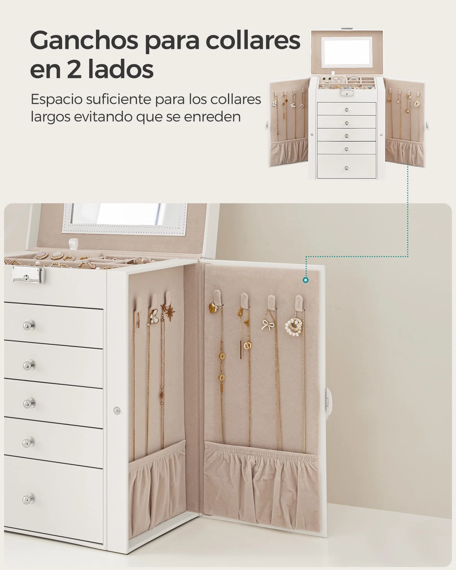SONGMICS Caja Joyero de 6 Niveles, 5 Cajones, con Espejo y Cerradura, Blanco JBC152W01