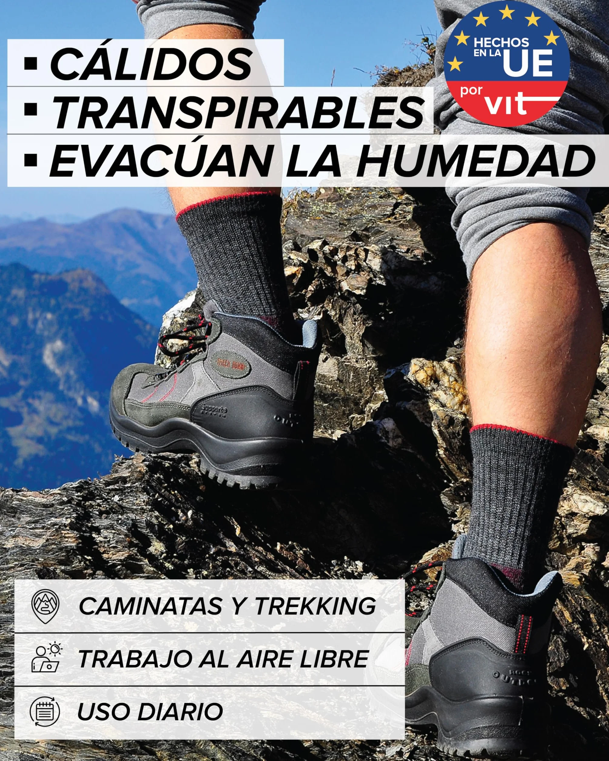 Calcetines Senderismo Lana Merino Antiampollas Hombre Trekking Invierno