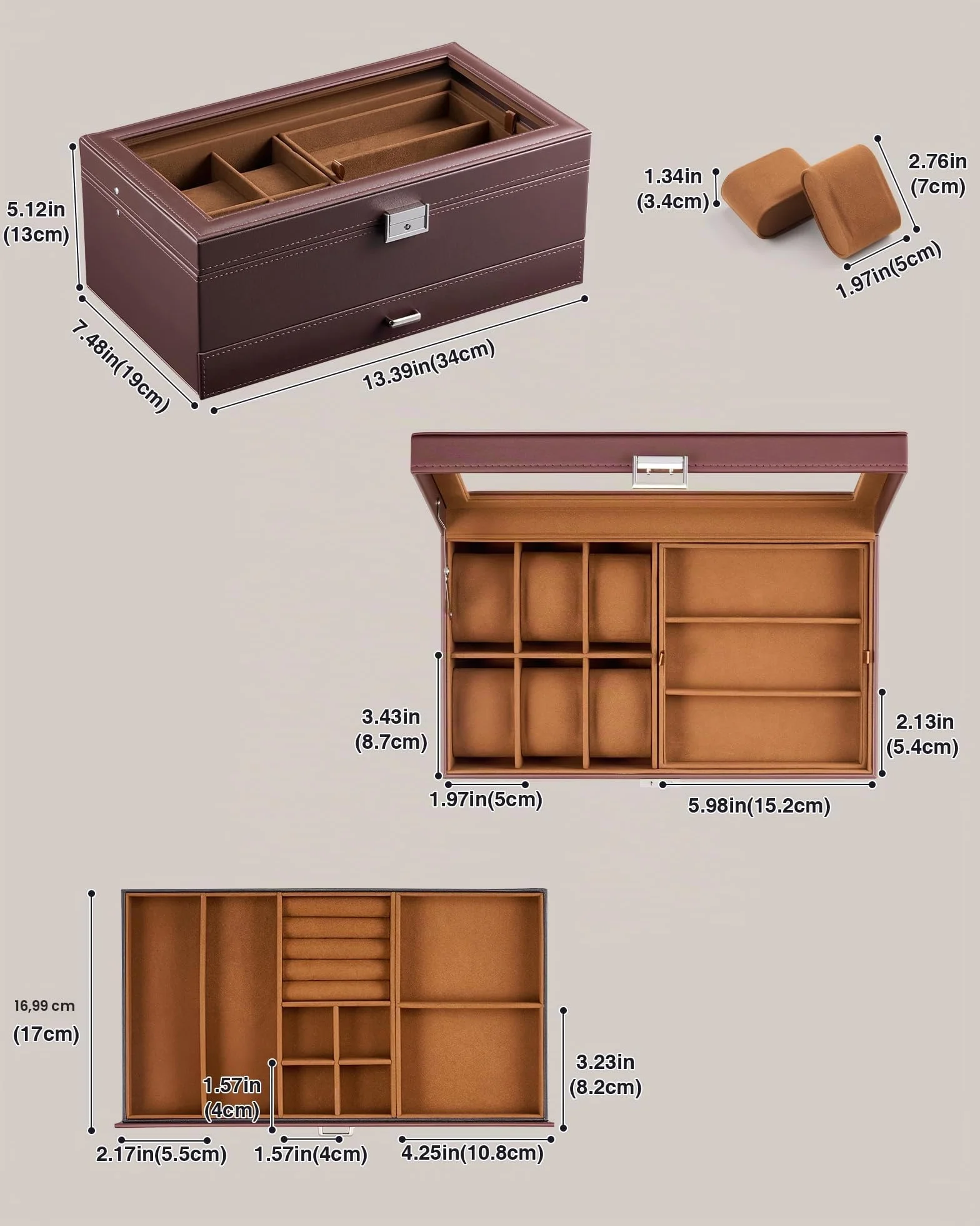 ProCase Caja Joyero para Hombres con Cerradura, 6 Espacios Relojes, PU Cuero, Marrón