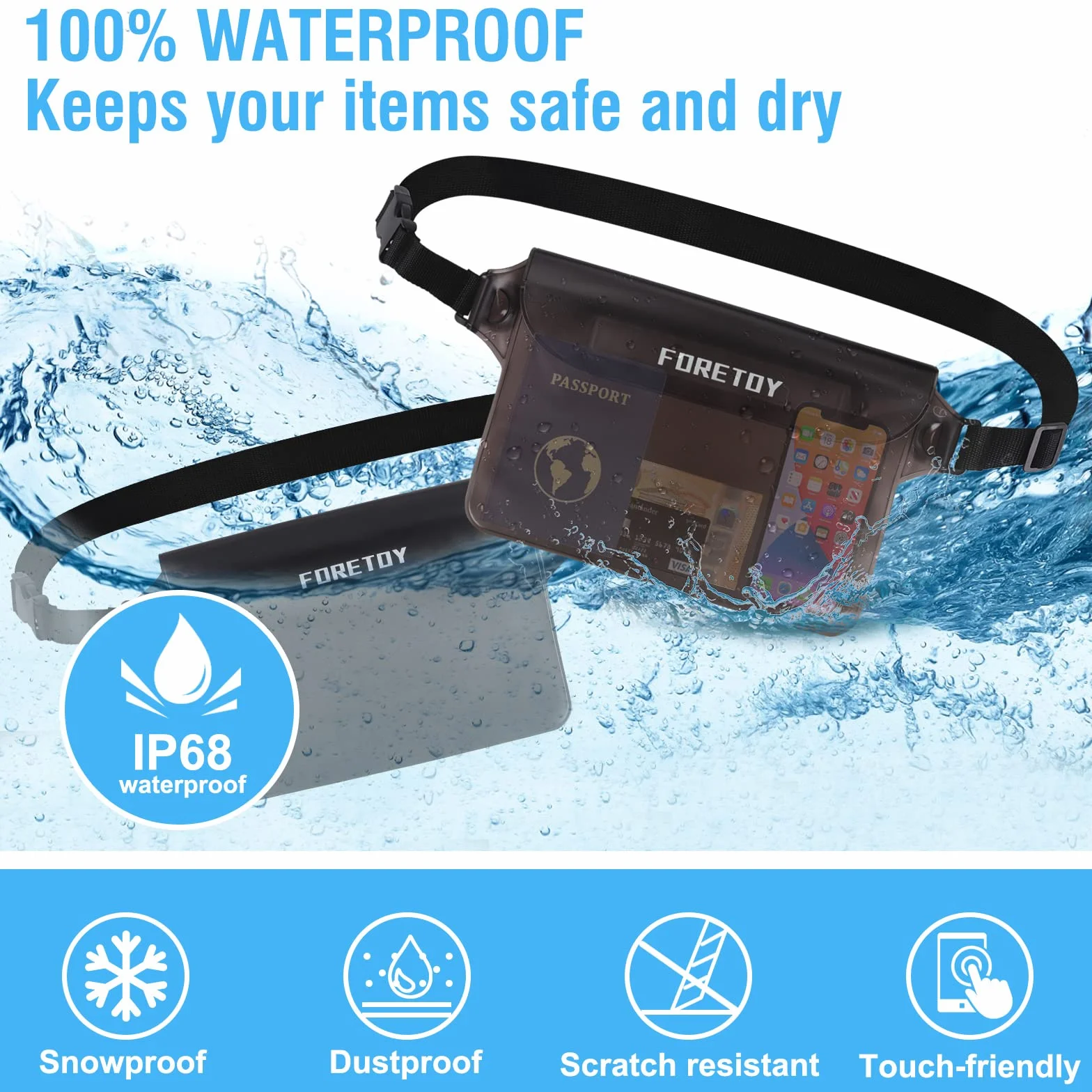 FORETOY Bolsa Impermeable 2 Pack Riñonera IP68 para Deportes Acuatica Playa Natación