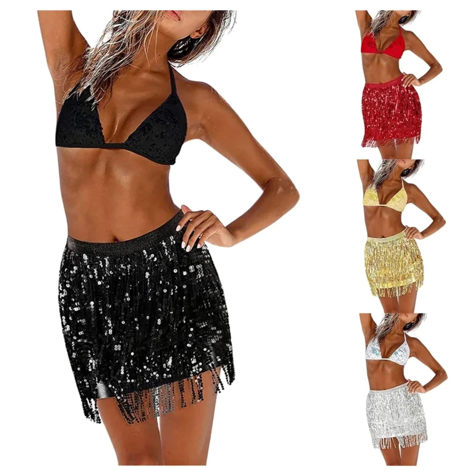 Falda Lentejuelas Falda con Flecos y Lentejuelas for Mujer, Minifalda con Cintura elástica y Purpurina for Fiesta Rave de Baile, Negro/Plata/Dorado/Rojo(Black,M)