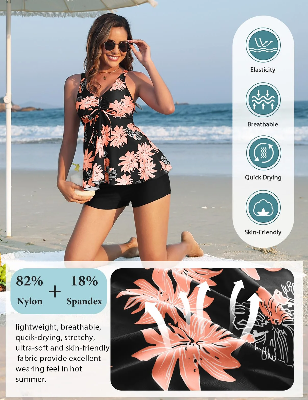 Nadeer Tankinis Mujer Traje de Baño 2 Piezas Cuello en V Push up Bikini Set Estampado Floral con Pantalones Cortos