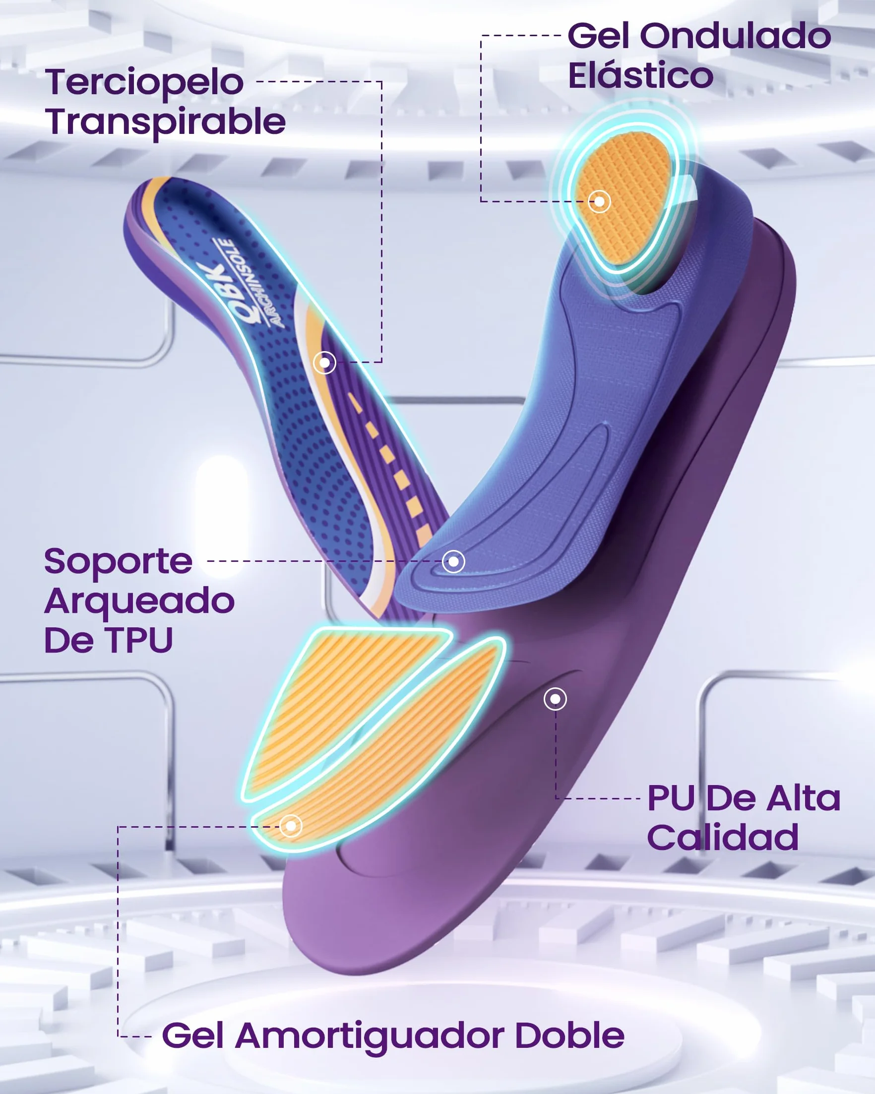 QBK Plantillas Ortopedicas para Pie Cavo con Pronacion, Fascitis Plantar, Soporte del Arco
