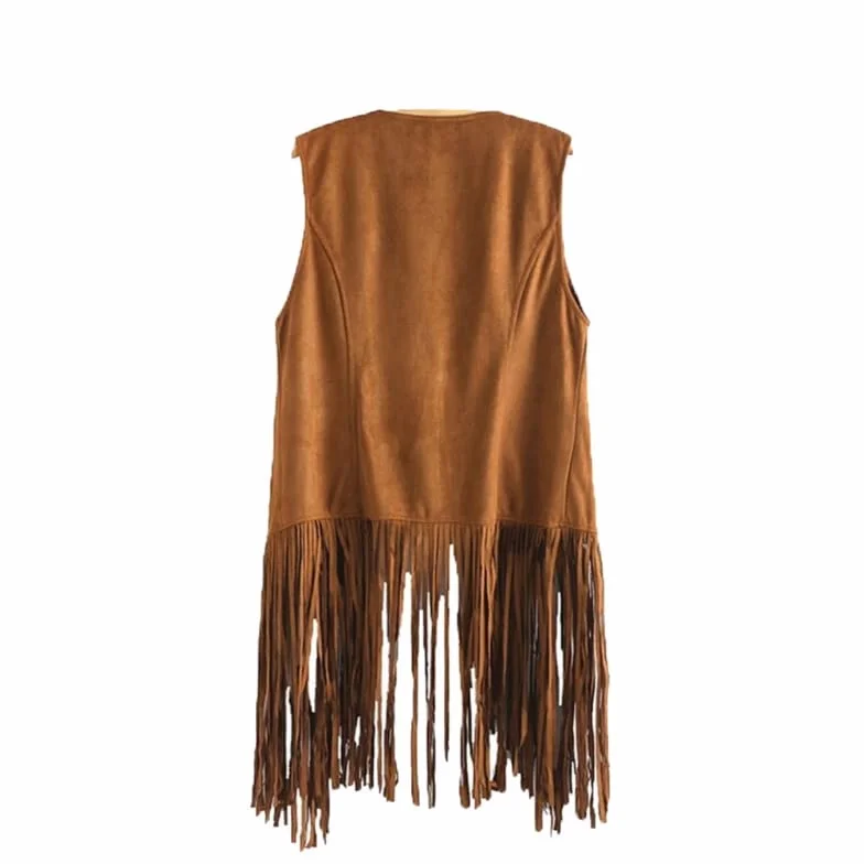 Chaleco hippie sin mangas para mujer con flecos gamuza sintética vintage borlas cárdigan