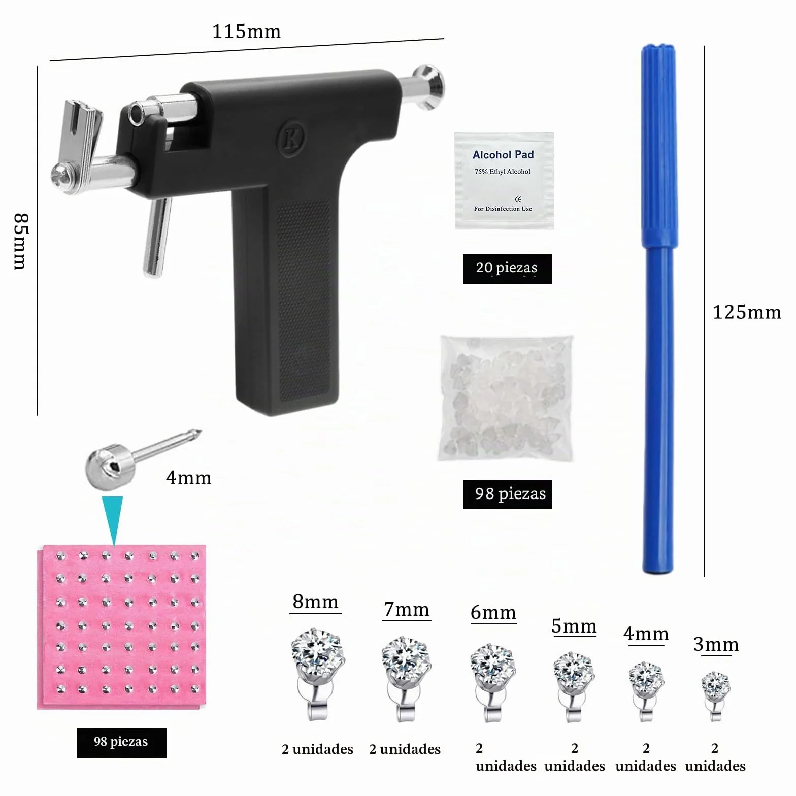 Pistola de Pendientes de Acero Inoxidable con 98 Perforadoras, 12 Pendientes, 20 Algodón Alcohol, Piercing para Labios Ombligo Nariz Cuerpo