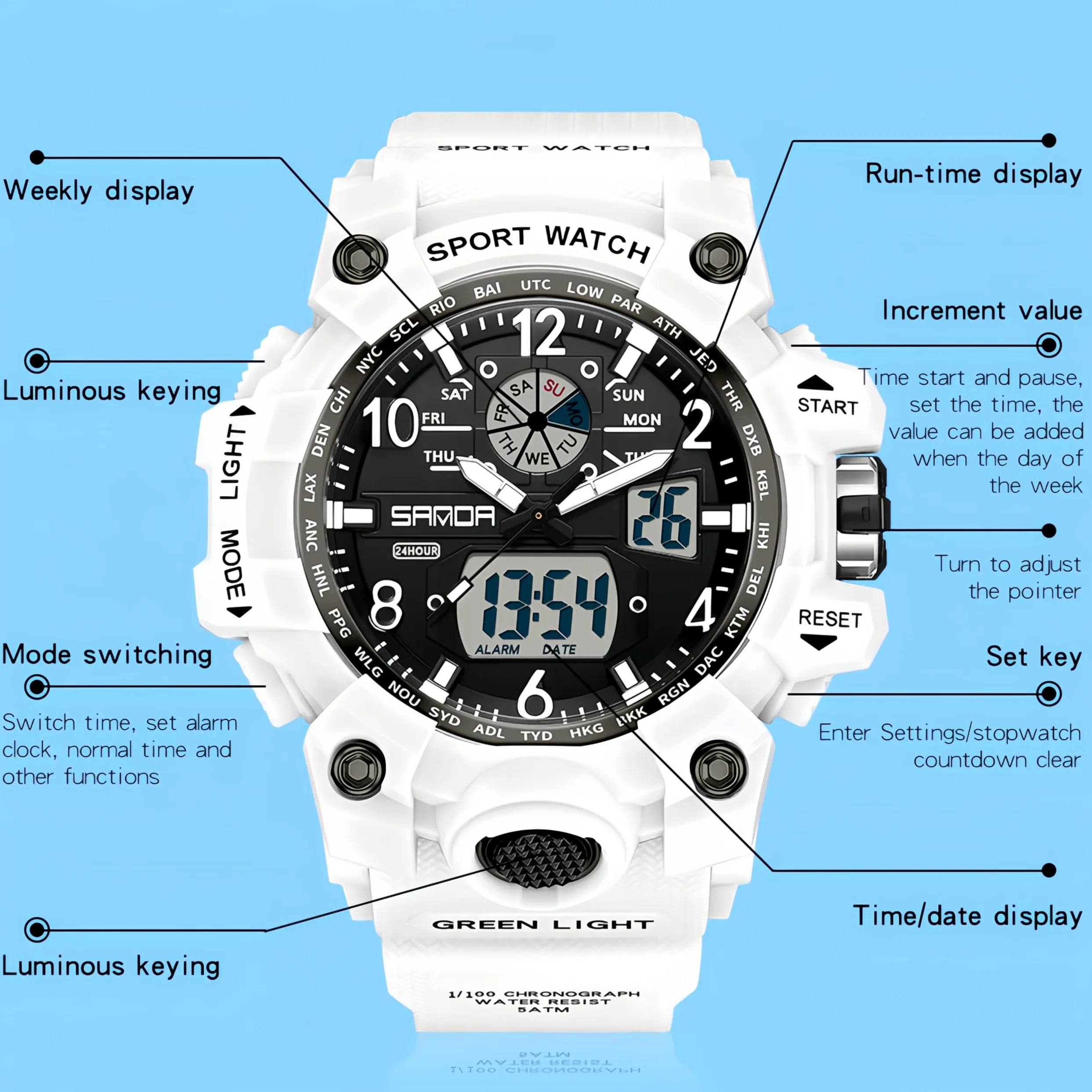 Gosasa Reloj deportivo digital para mujer, 5 ATM, resistente al agua, luz LED, esfera grande, analógico, multifuncional, reloj de pulsera con alarma, cronómetro, calendario, timbre por hora
