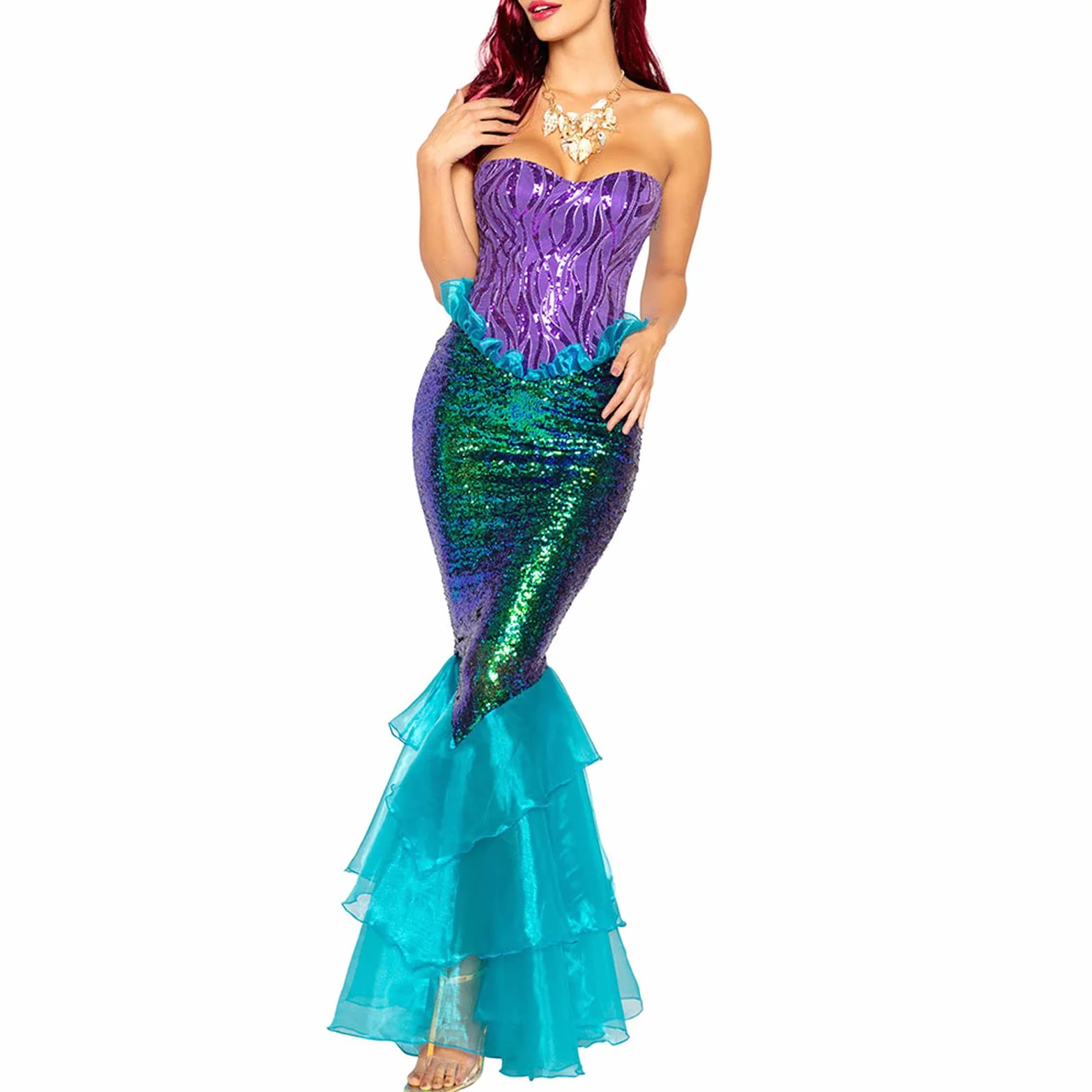 Disfraz de sirena para mujer vestido largo sin tirantes con volantes lentejuelas falda cola Halloween