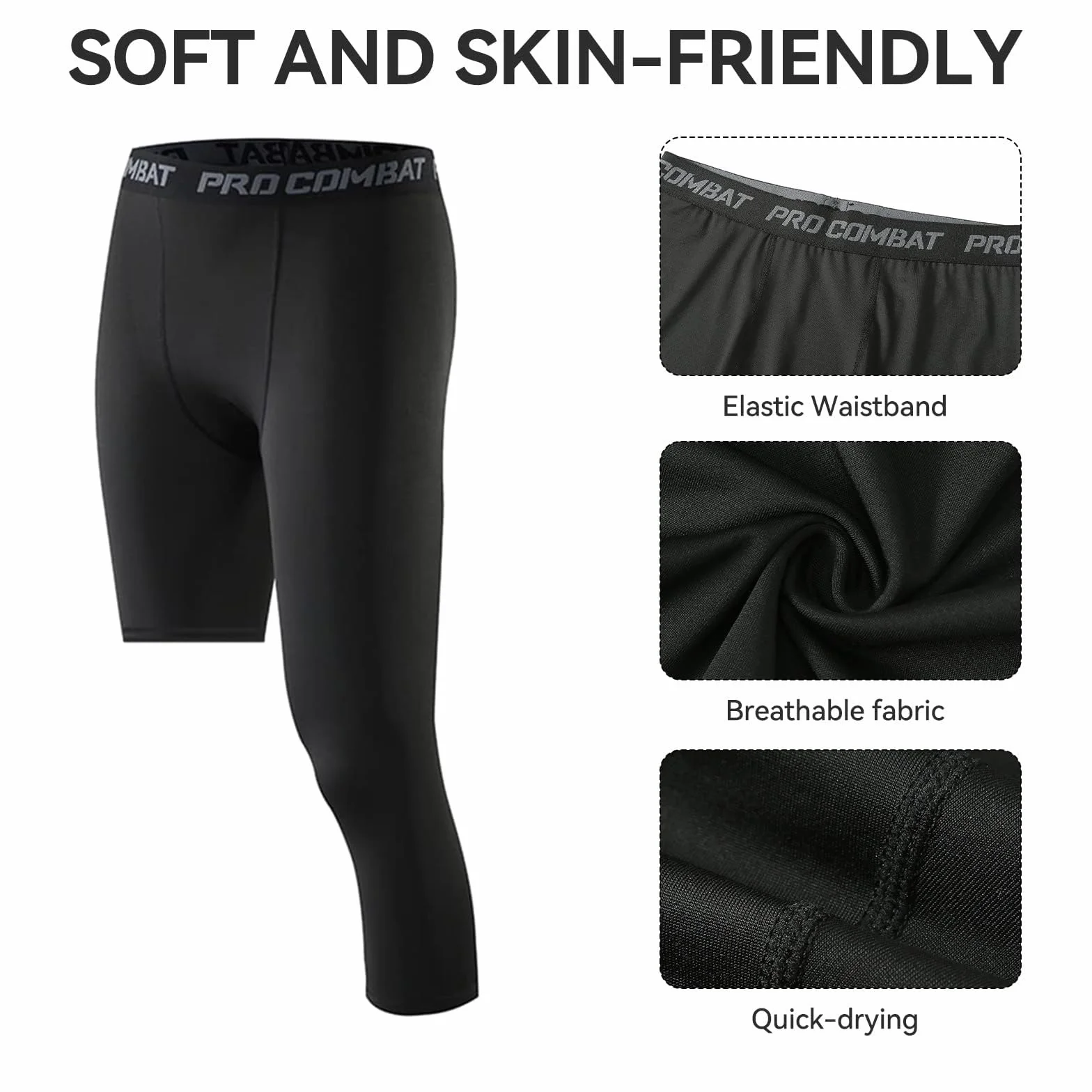 Pantalones de Compresión para Hombre, Mallas Deporte 3/4, Tejido de Secado Rápido, Running, Fitness