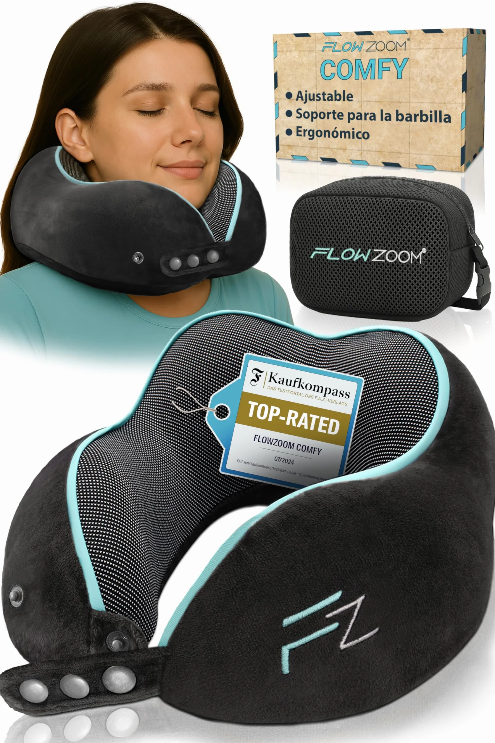 FLOWZOOM Almohada de Viaje Viscoelástica Soporte Ajustable 360° Funda Lavable Cojín de Cuello Negro
