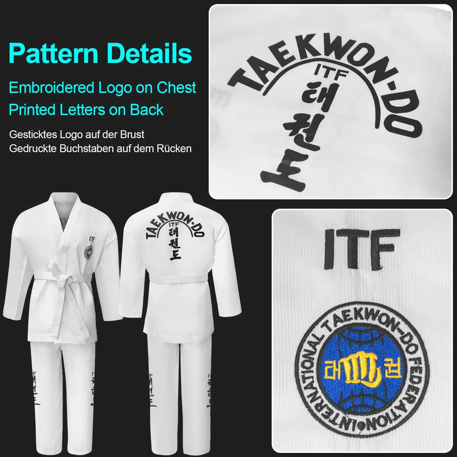 Kimono de Taekwondo ITF para Niños y Adultos, Karate Kimono con Cinturilla, Jiu Jitsu Ligeros Polialgodón, Entrenamiento Sparring Negro-180