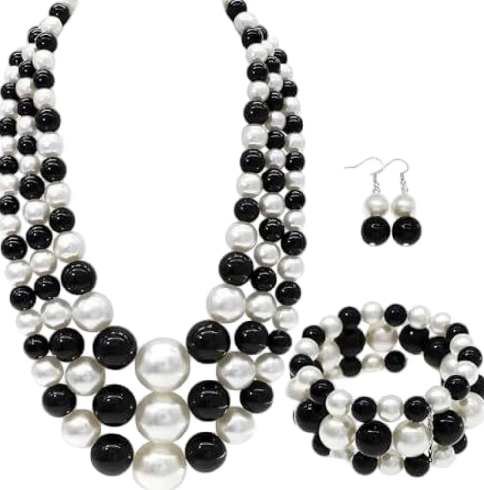 MOCHAMIK Conjunto de joyería de Perlas para Mujer: Collar, Pulsera y aretes con Cuentas en de 3 Piezas, Elegante joyería de fantasía para Bodas, Fiestas y Eventos Formales